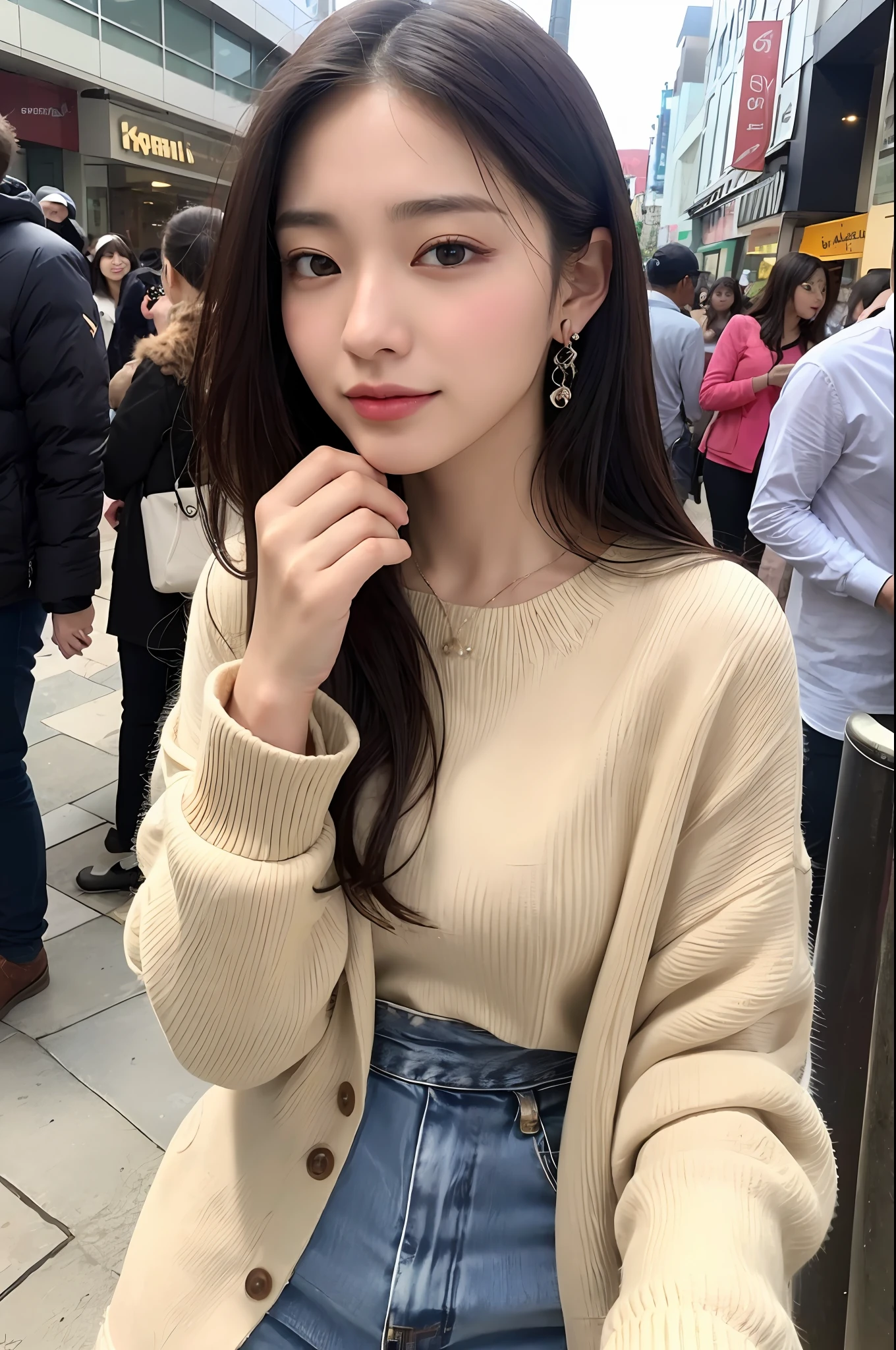 (8k, RAW photos, top quality, masterpiece: 1.2), ultra detailed, super resolution, (real, real photos: 1.37), portraits, high definition RAW color photos, professional photos, very detailed and beautiful, highly detailed, 8k wallpapers, amazing details, huge file size, official art, highly detailed CG Unity 8k wallpapers, highly detailed beautiful girls, highly detailed faces Highly detailed eyes, highly detailed skin, highly detailed fingers, highly detailed nose, highly detailed detailed mouth, perfect anatomy, highly detailed background, highly detailed clothing, one girl, (18:1.2), , cute girl, famous Japan idol, cute, realistic body, petite, white skin, radiant skin, slim body, handsome body, smile, cute, youthful, pretty face, realistic face, delicate eyes, sagging eyes, skirt, earrings, camera gaze, cowboy shot, front facing, standing figure, contrappost, high street, public, crowd, dynamic lighting,