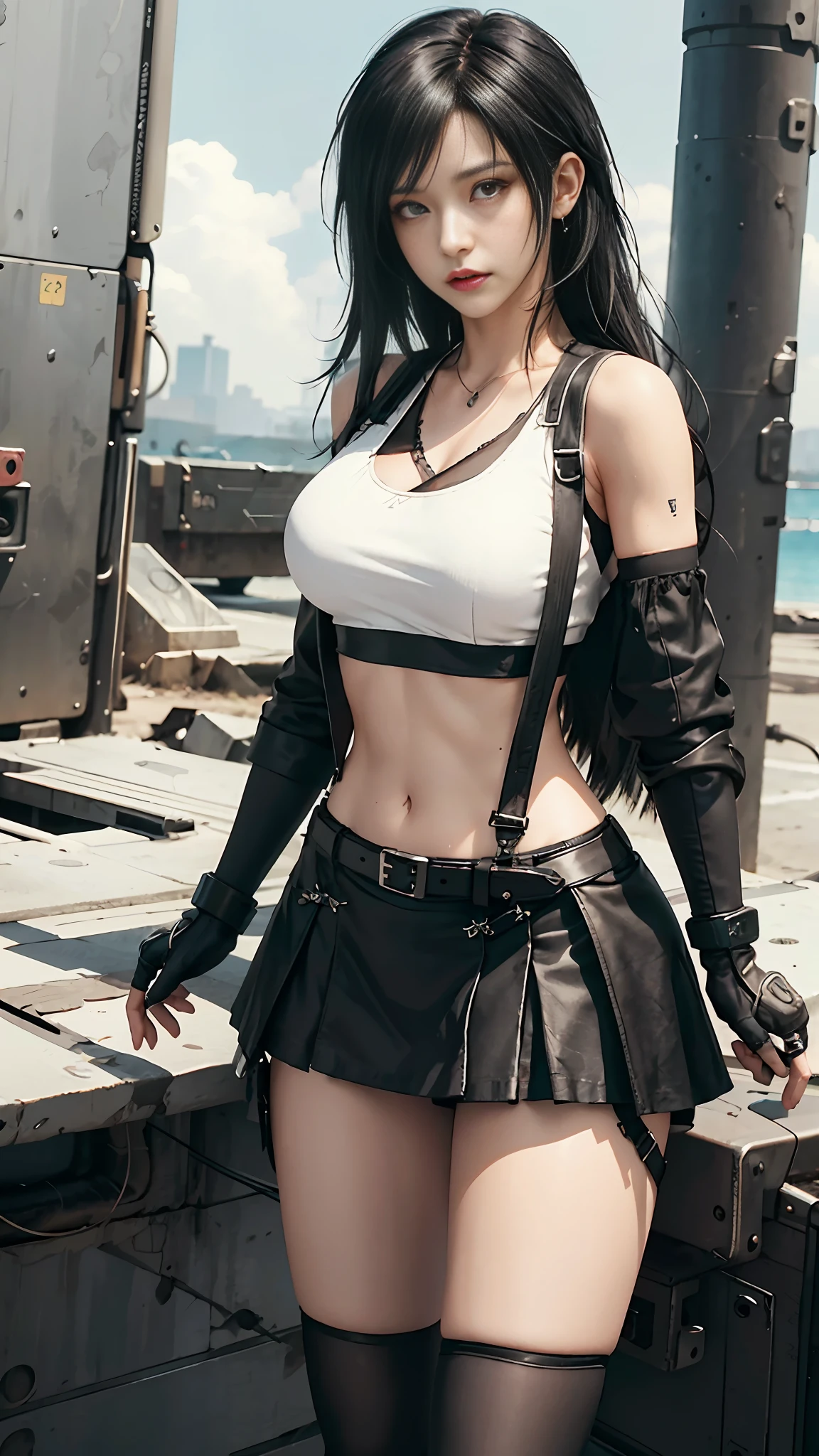 a woman in a short skirt and top standing on a platform, tifa lockhart, tifa, tifa lockheart, tifa lockhart with white hair, seductive tifa lockhart portrait, tifa lockhart portrait, jet black haired cyberpunk girl, glamorous tifa lockheart, portrait of tifa lockhart, wearing techwear and armor, female cyberpunk anime girl, cyberpunk anime girl