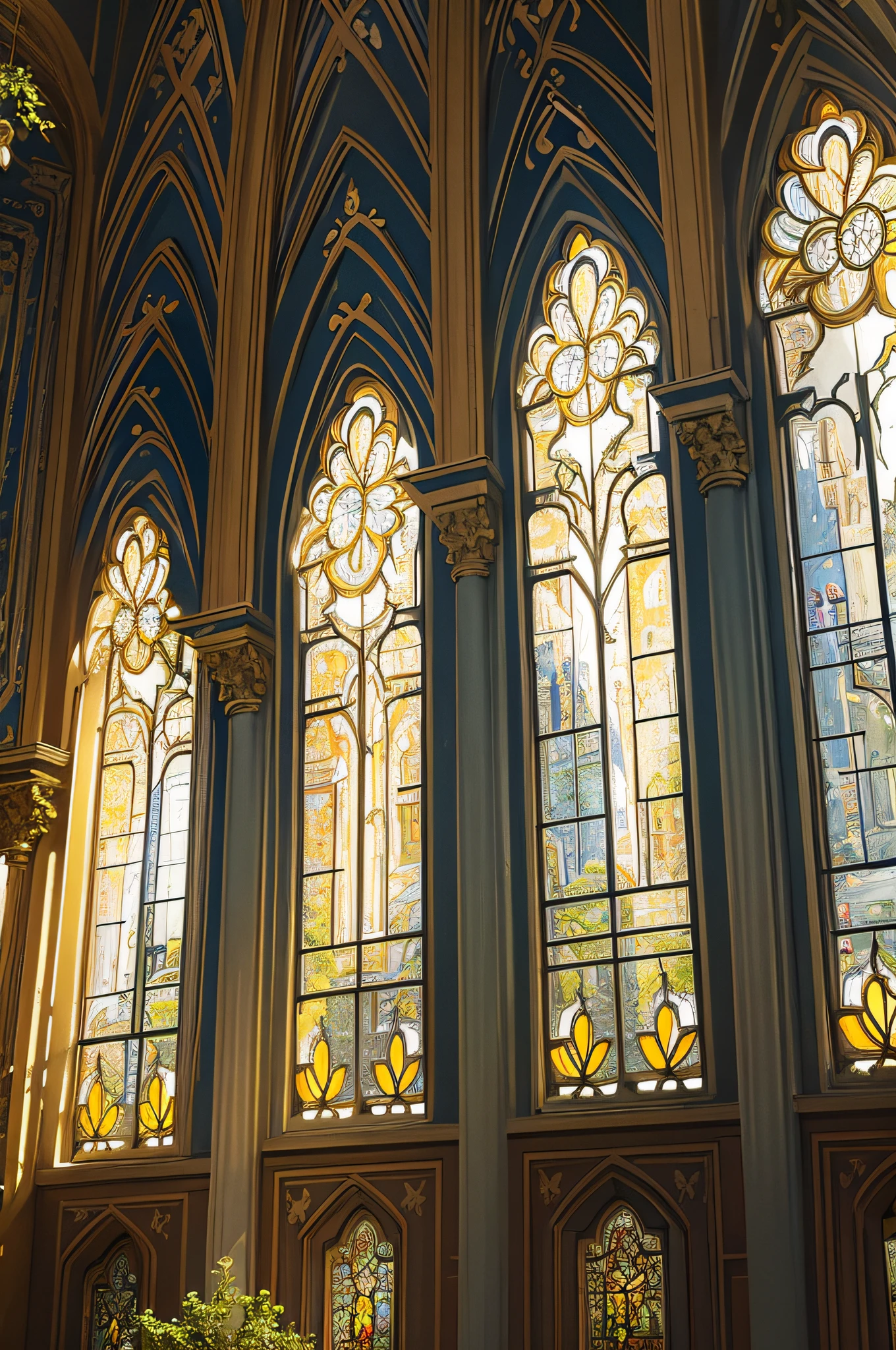 ((Best Quality)), ((Masterpiece)), (Reality)), a forgotten church built in the forest, with small white flowers and branches climbing its mottled walls, golden sunlight shining on the ornate colored glazed windows at sunset, and white birds resting on the tall towers