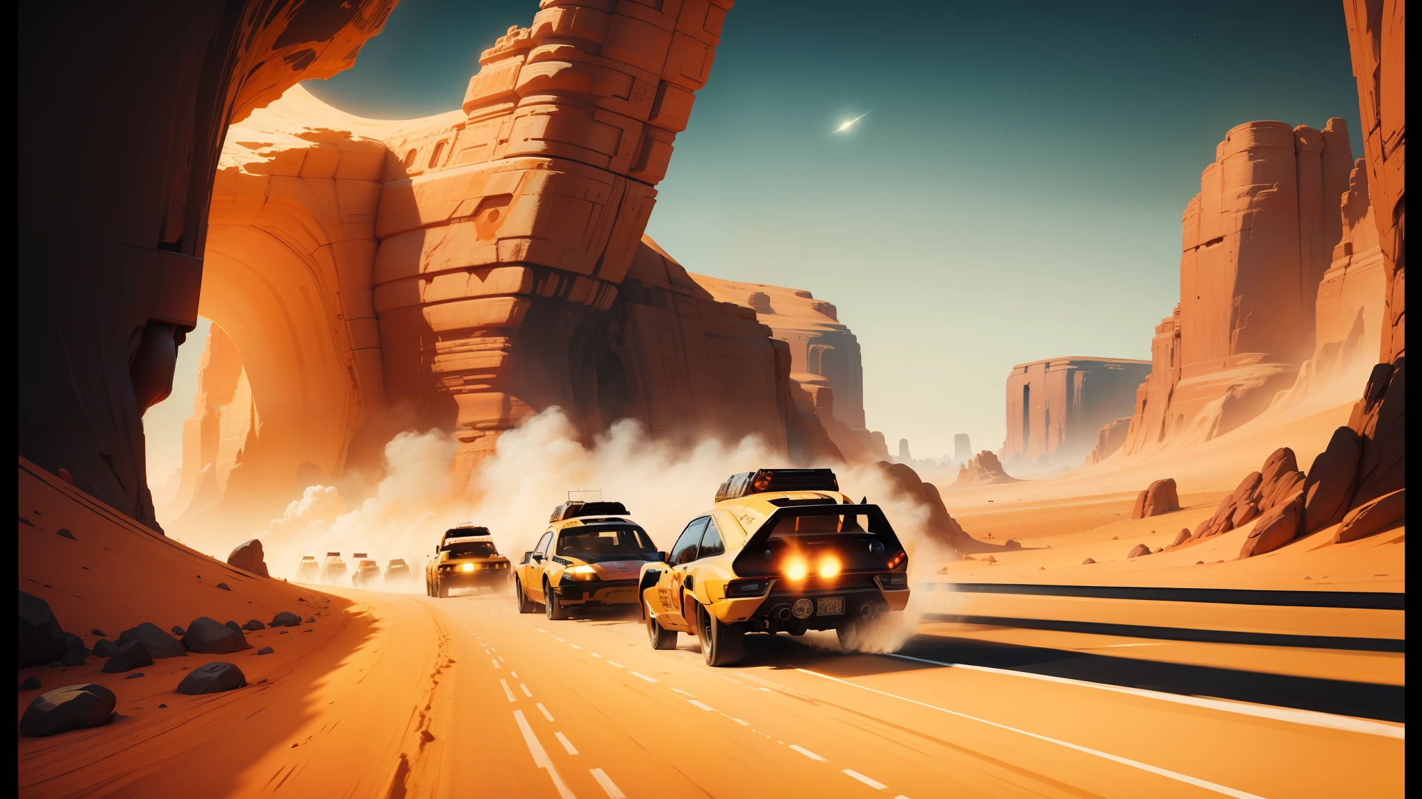 there is a painting of race cars going through a desert, in the style star trek 8 k, synthwave art style, asteroids, mad max fury road film still, animation printed poster, anamorphic flares, orange, musk ( 2 0 2 4 ), credit esa, driving fast, by Kilian Eng, the artist has used bright --ar 16:9 --auto --s2