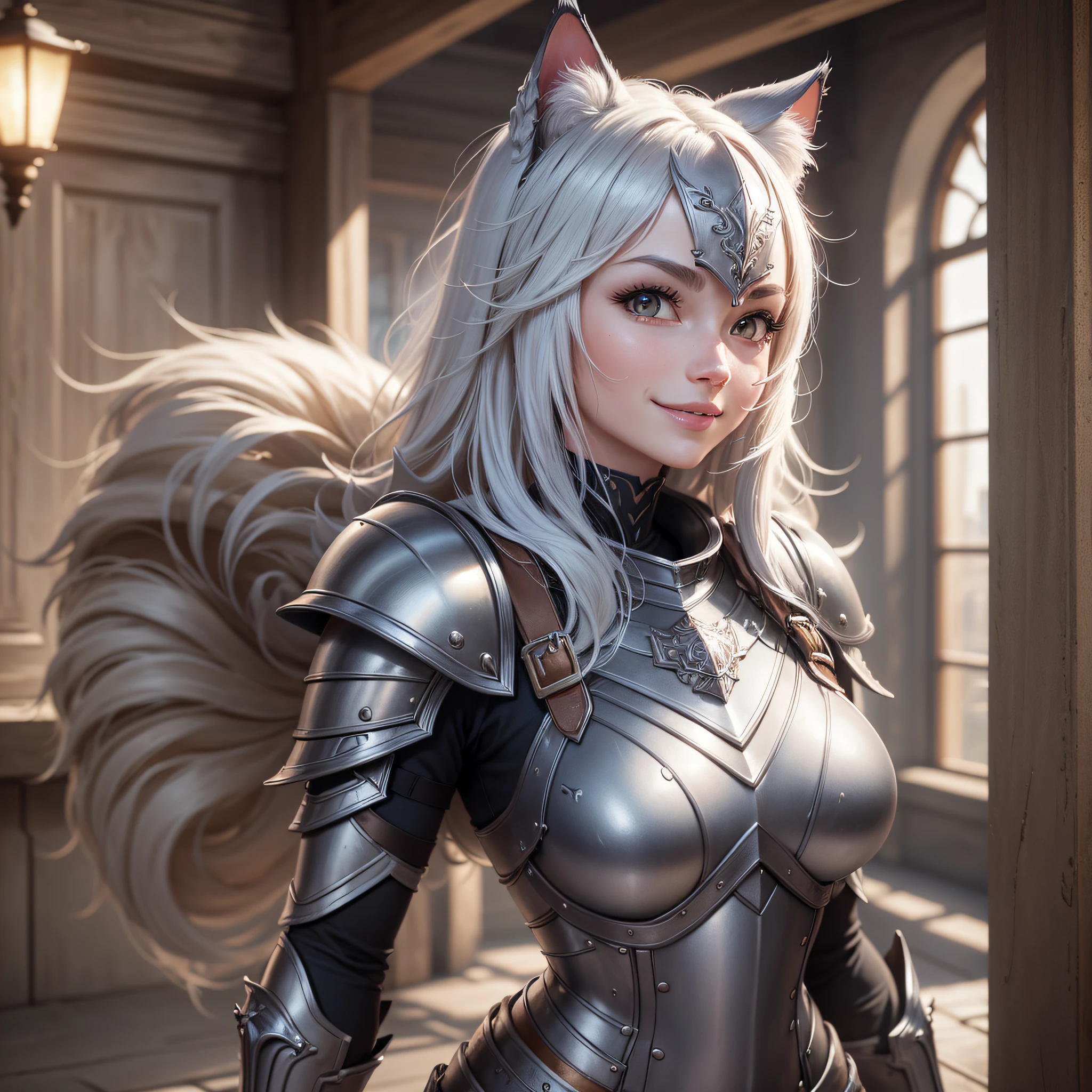 Super cute furry cat warrior in armor, realistic, 4K, super detailed, vray rendering, unreal engine, midjourneyart style, the most beautiful images in the world, great location, 4k, 8k, super high definition, high definition, HDR, smile, ((smile)), (((standing))), whole body,amazing location, 4k, 8k, hyper guality , highly detailed, hyper guality , highly detailed, water--V5--S 750 --Q2, ((masterpiece, top quality, high quality, high resolution)), wonderful place, Highest quality, body portrait --auto --s2