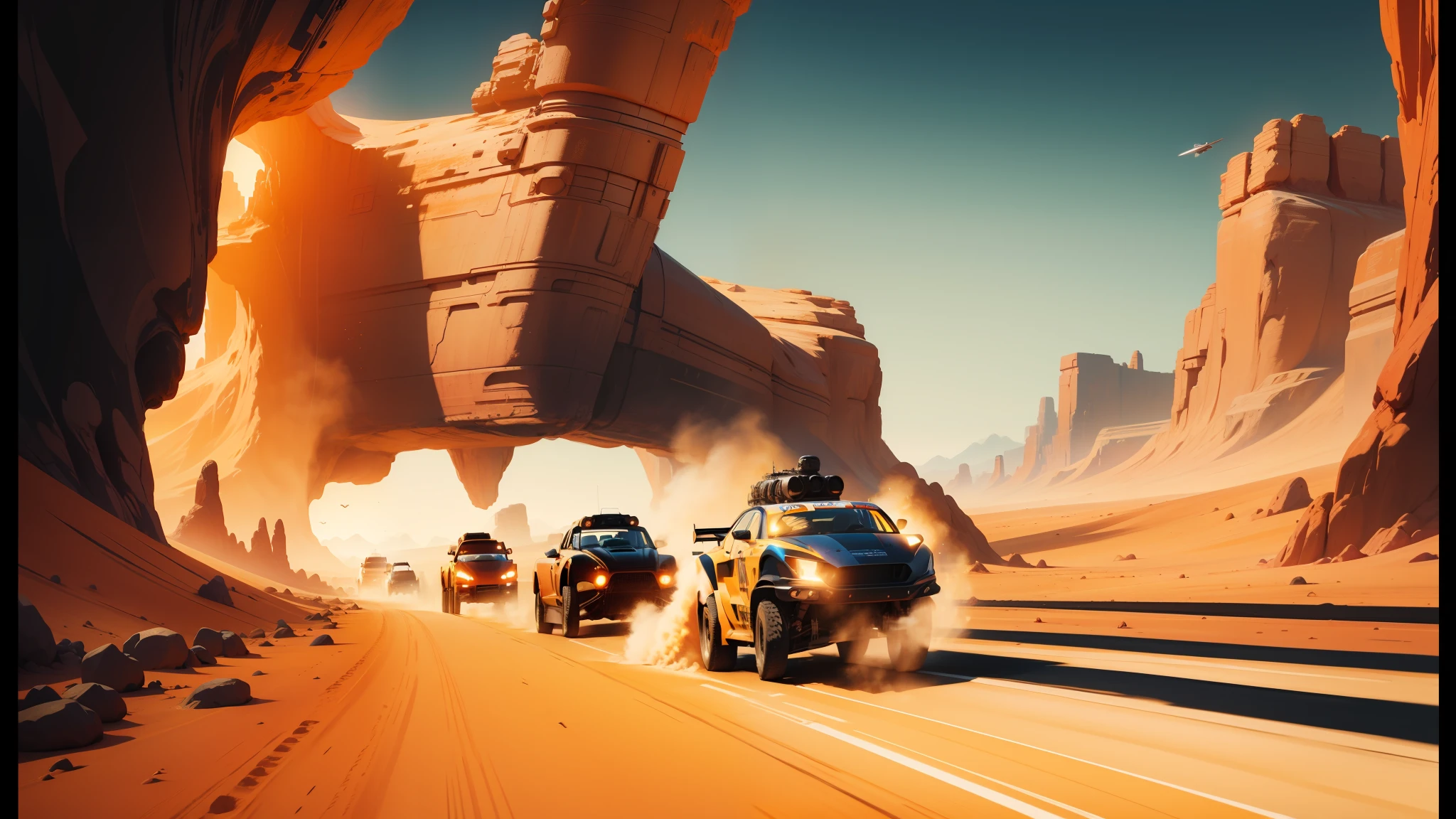 there is a painting of race cars going through a desert, in the style star trek 8 k, synthwave art style, asteroids, mad max fury road film still, animation printed poster, anamorphic flares, orange, musk ( 2 0 2 4 ), credit esa, driving fast, by Kilian Eng, the artist has used bright --ar 16:9 --auto --s2
