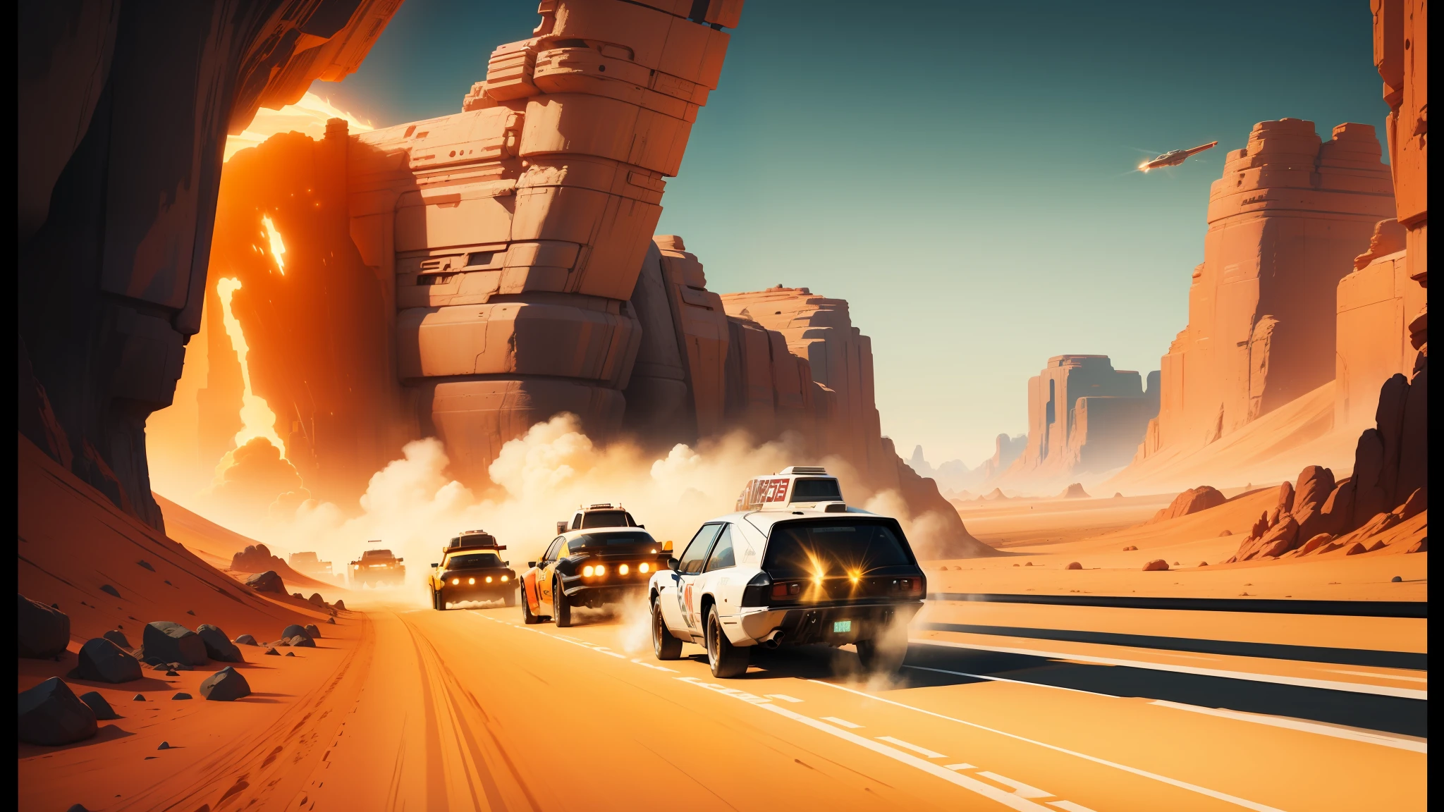 there is a painting of race cars going through a desert, in the style star trek 8 k, synthwave art style, asteroids, mad max fury road film still, animation printed poster, anamorphic flares, orange, musk ( 2 0 2 4 ), credit esa, driving fast, by Kilian Eng, the artist has used bright --ar 16:9 --auto --s2
