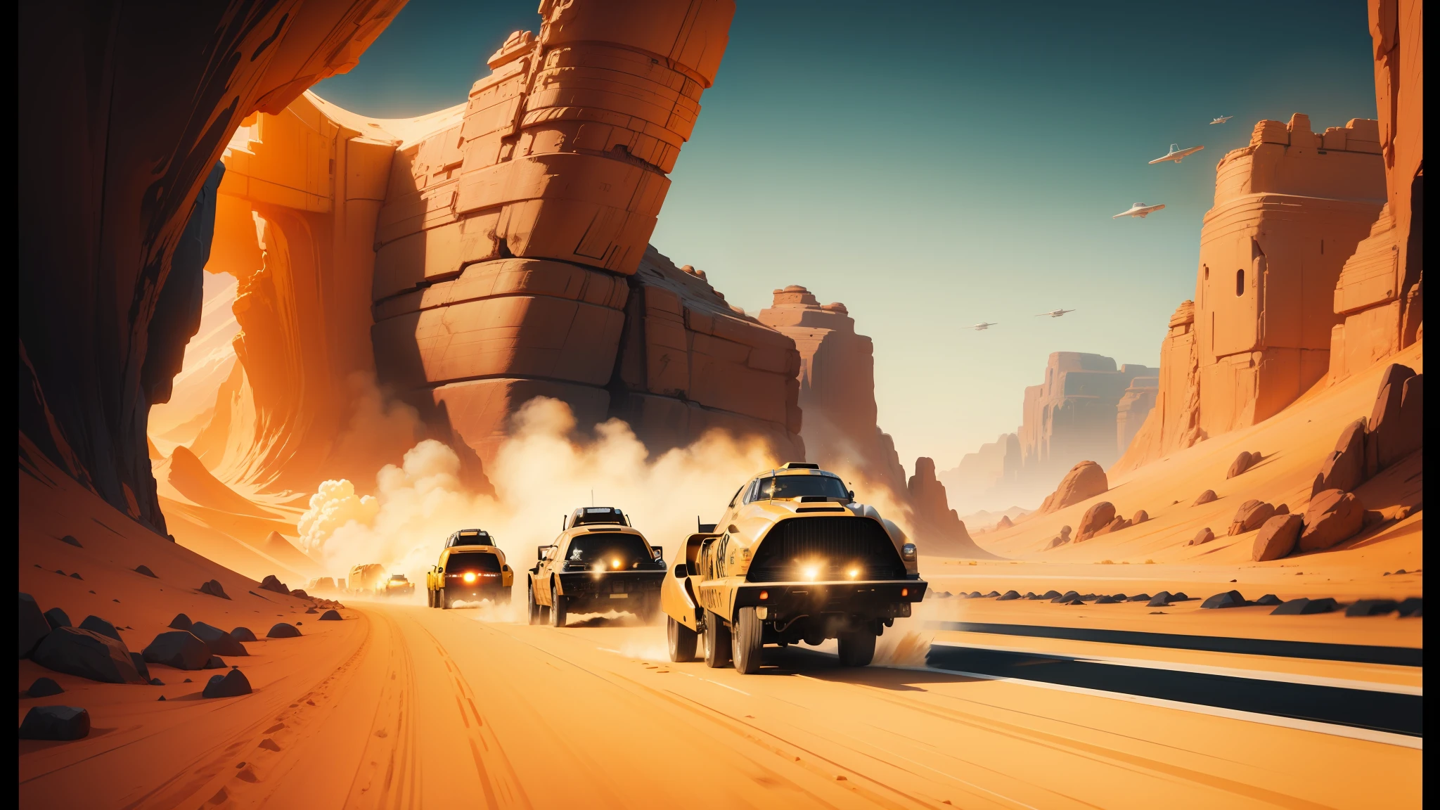 there is a painting of race cars going through a desert, in the style star trek 8 k, synthwave art style, asteroids, mad max fury road film still, animation printed poster, anamorphic flares, orange, musk ( 2 0 2 4 ), credit esa, driving fast, by Kilian Eng, the artist has used bright --ar 16:9 --auto --s2