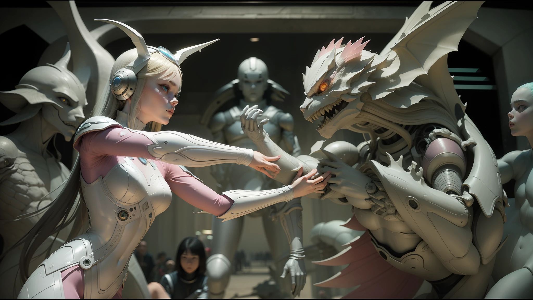 there is a woman that is touching a statue of a dragon, elle fanning as an android, vadim voitekhovitch, widescreen shot, compute shader, 2008 cinematography, white biomechanical details, slam dancing creatures, tekkon kinkret, white and pink, bjork --ar 16:9 --auto --s2