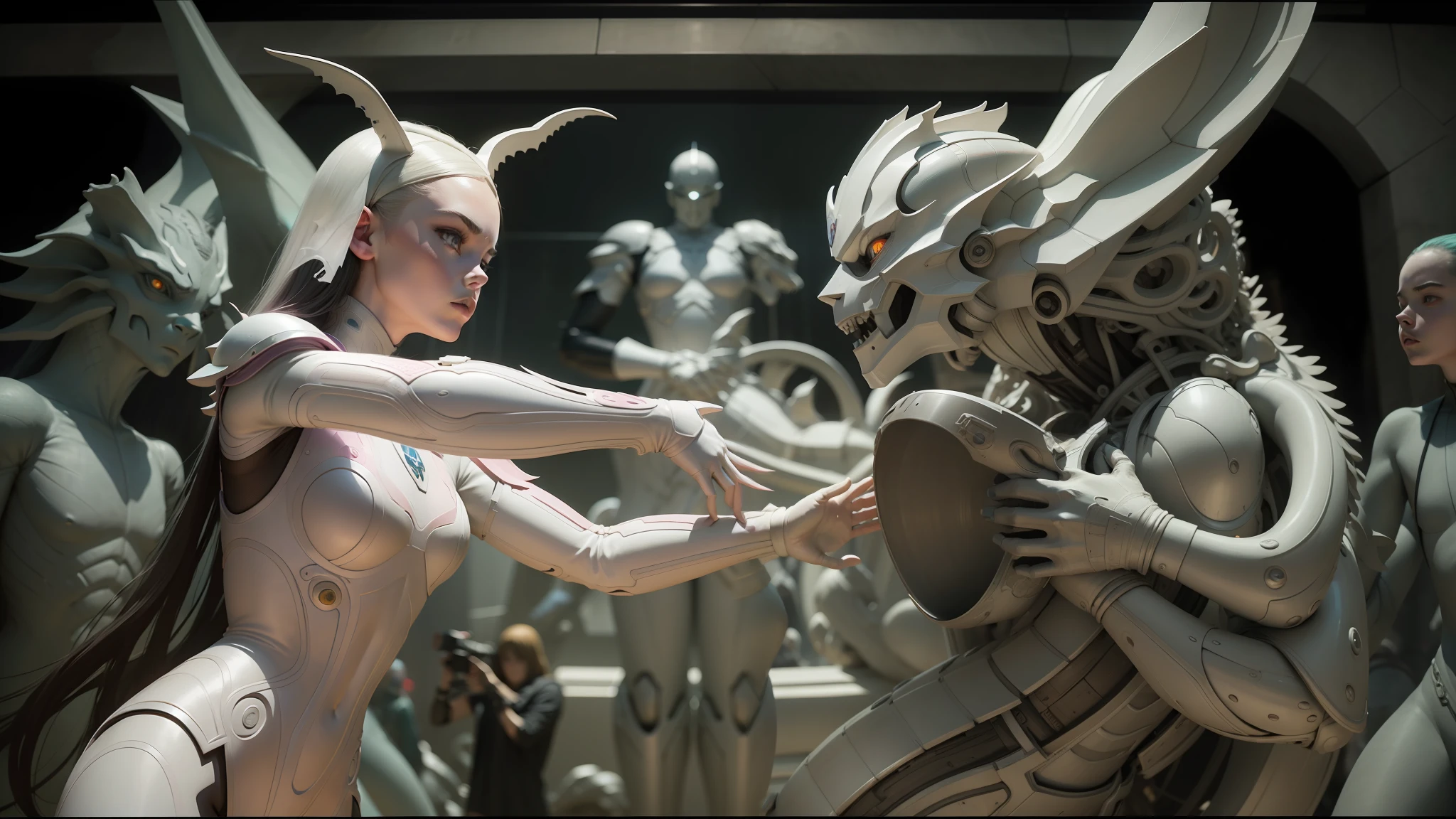 there is a woman that is touching a statue of a dragon, elle fanning as an android, vadim voitekhovitch, widescreen shot, compute shader, 2008 cinematography, white biomechanical details, slam dancing creatures, tekkon kinkret, white and pink, bjork --ar 16:9 --auto --s2