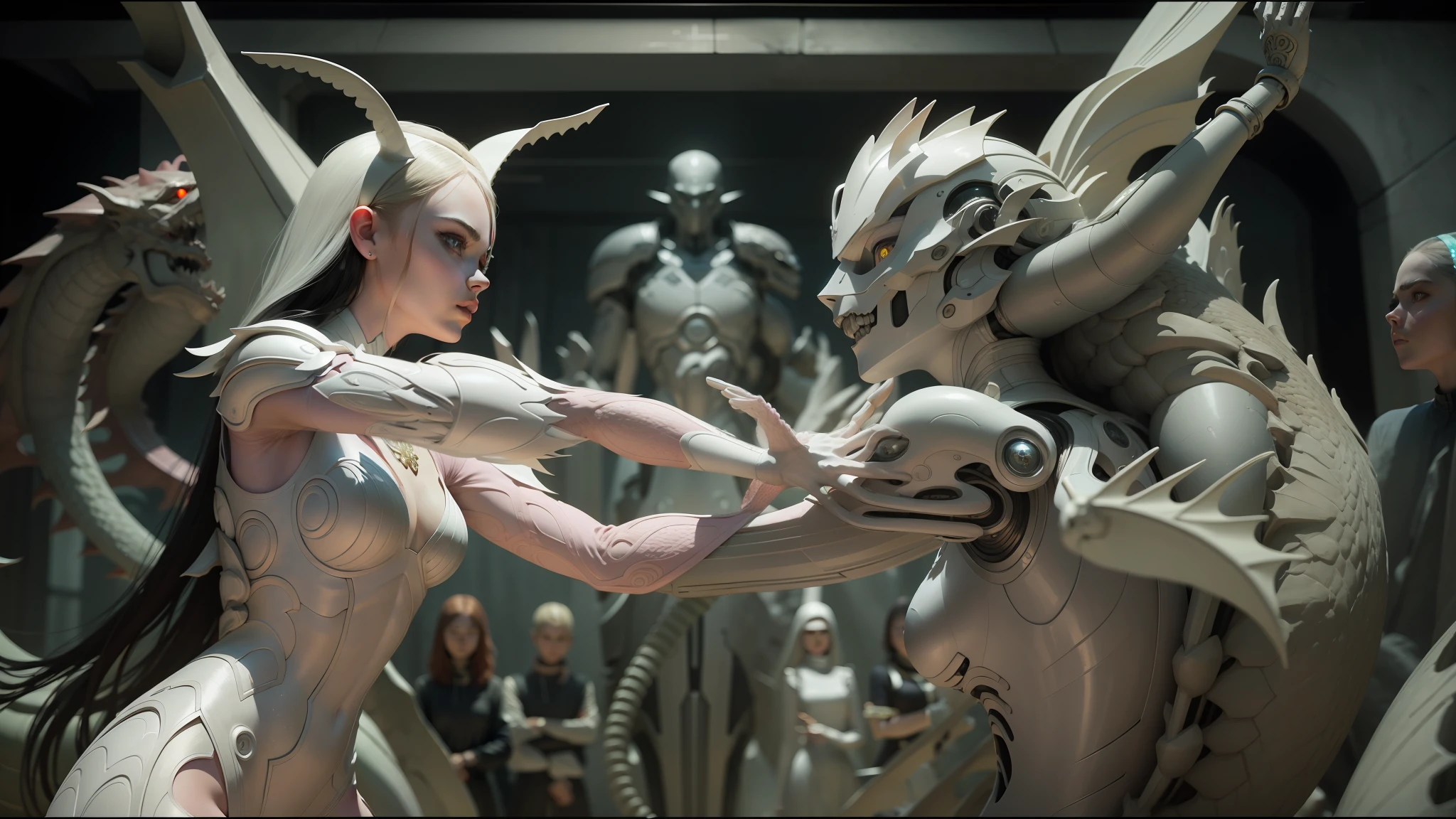 there is a woman that is touching a statue of a dragon, elle fanning as an android, vadim voitekhovitch, widescreen shot, compute shader, 2008 cinematography, white biomechanical details, slam dancing creatures, tekkon kinkret, white and pink, bjork --ar 16:9 --auto --s2