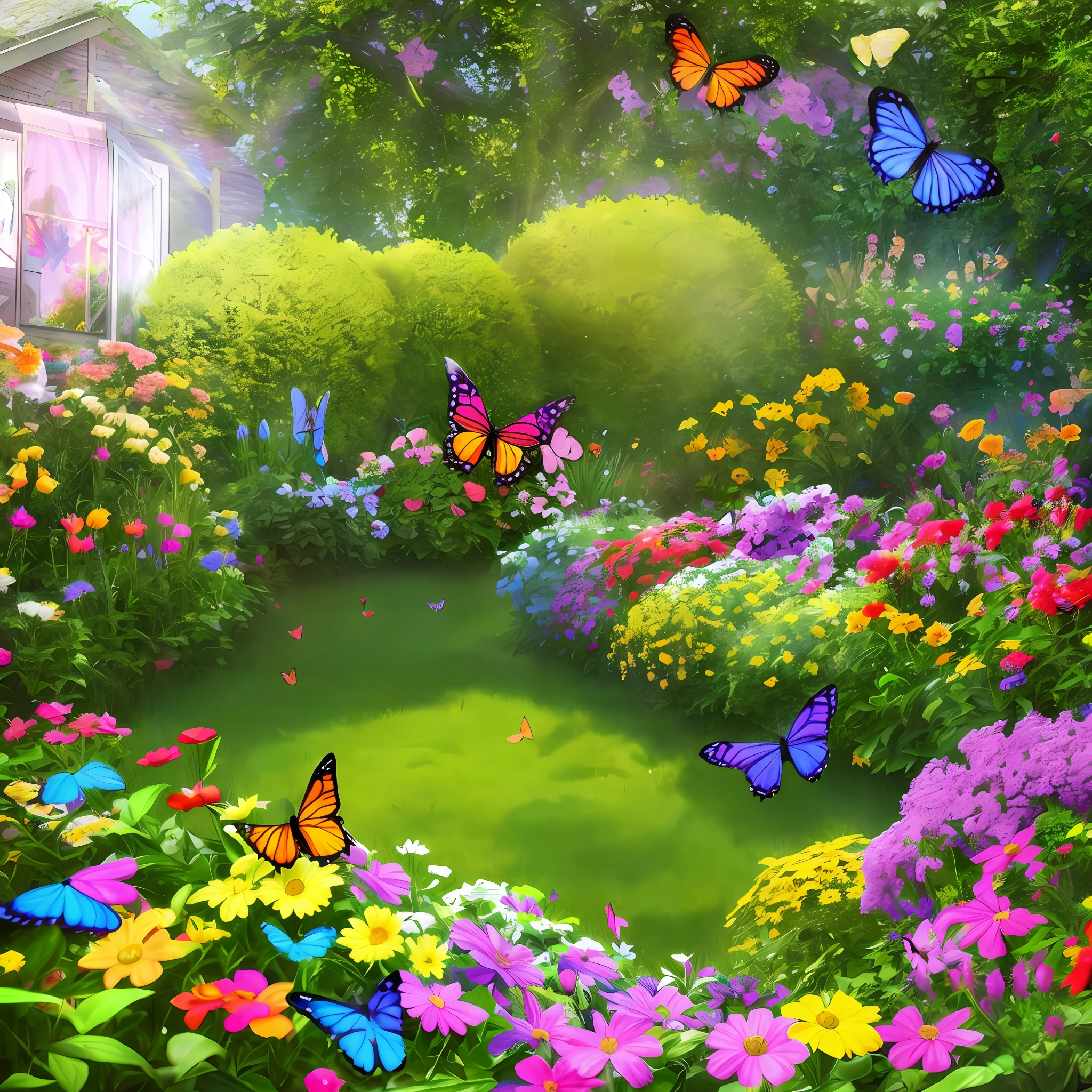 A rainbow butterfly flying in the garden before a house, very detailed, 4K realistic