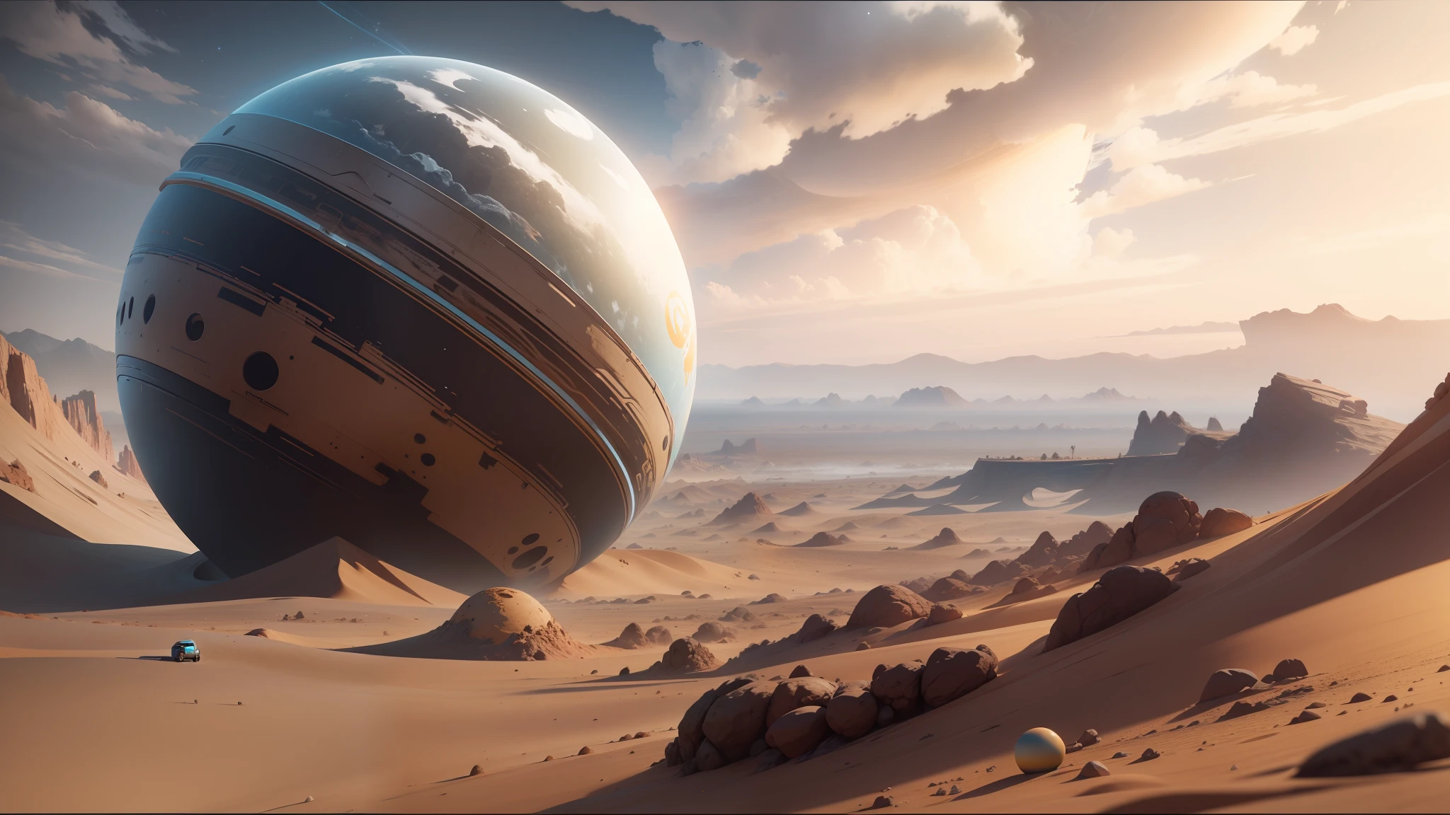 arafed view of a planet with a large sphere in the middle of it, jaime jasso, anamorphic widescreen, fractal render, cinematic silk road lanscape, by Sándor Brodszky, jupiter, rendered in high octane, by Robert Bechtle, contours, anamorphic, dune (2021), octane trending on cgsociety --auto --s2