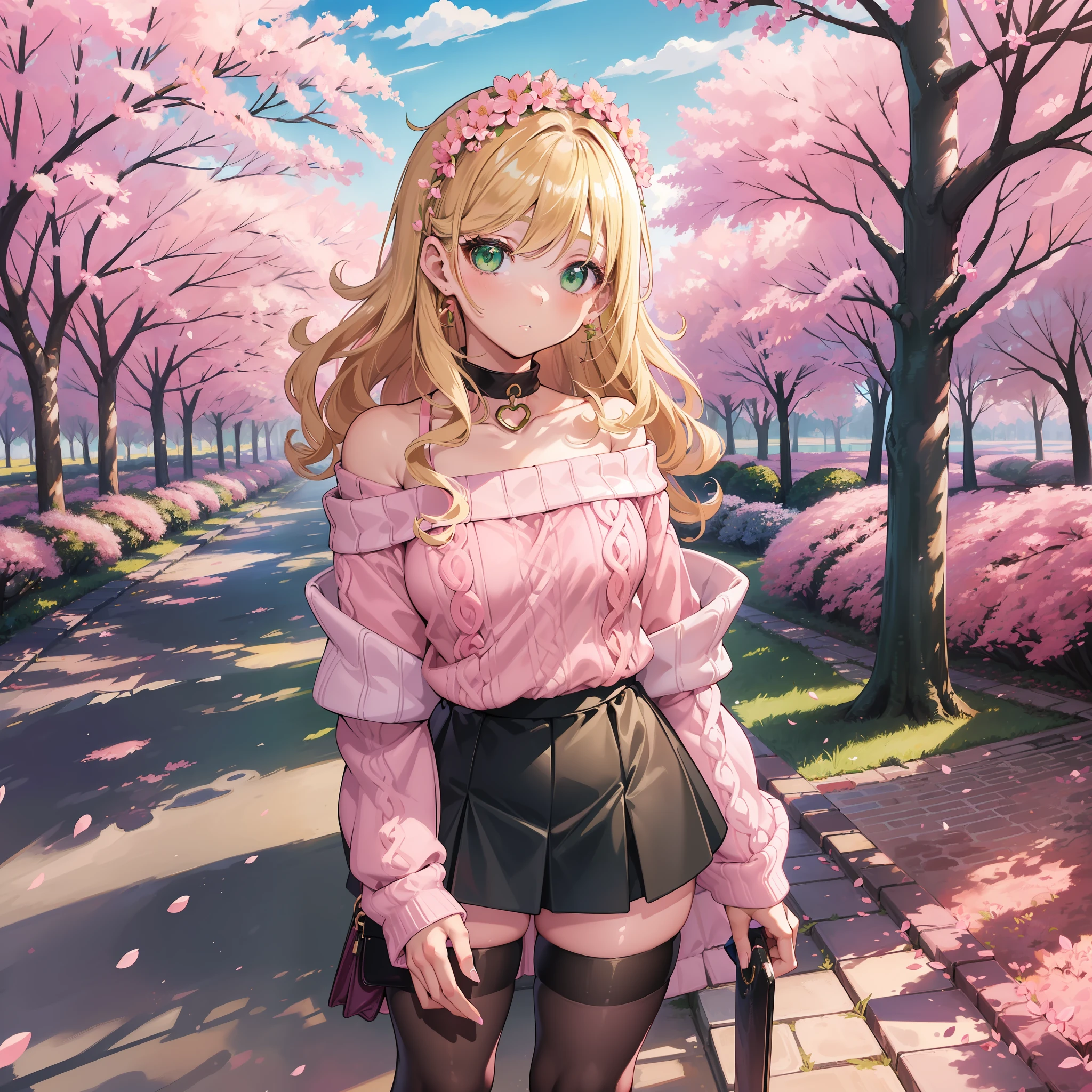 (1girl), (thick thighs), (big hips), (blonde curly hair:1.1), (green eyes:1.1), (off-shoulder pink sweater), (black skirt), (pink and white stockings), (pink nails), (under sakura trees), (facing camera), (best quality), (small chest), (pink flower earrings), (solo)