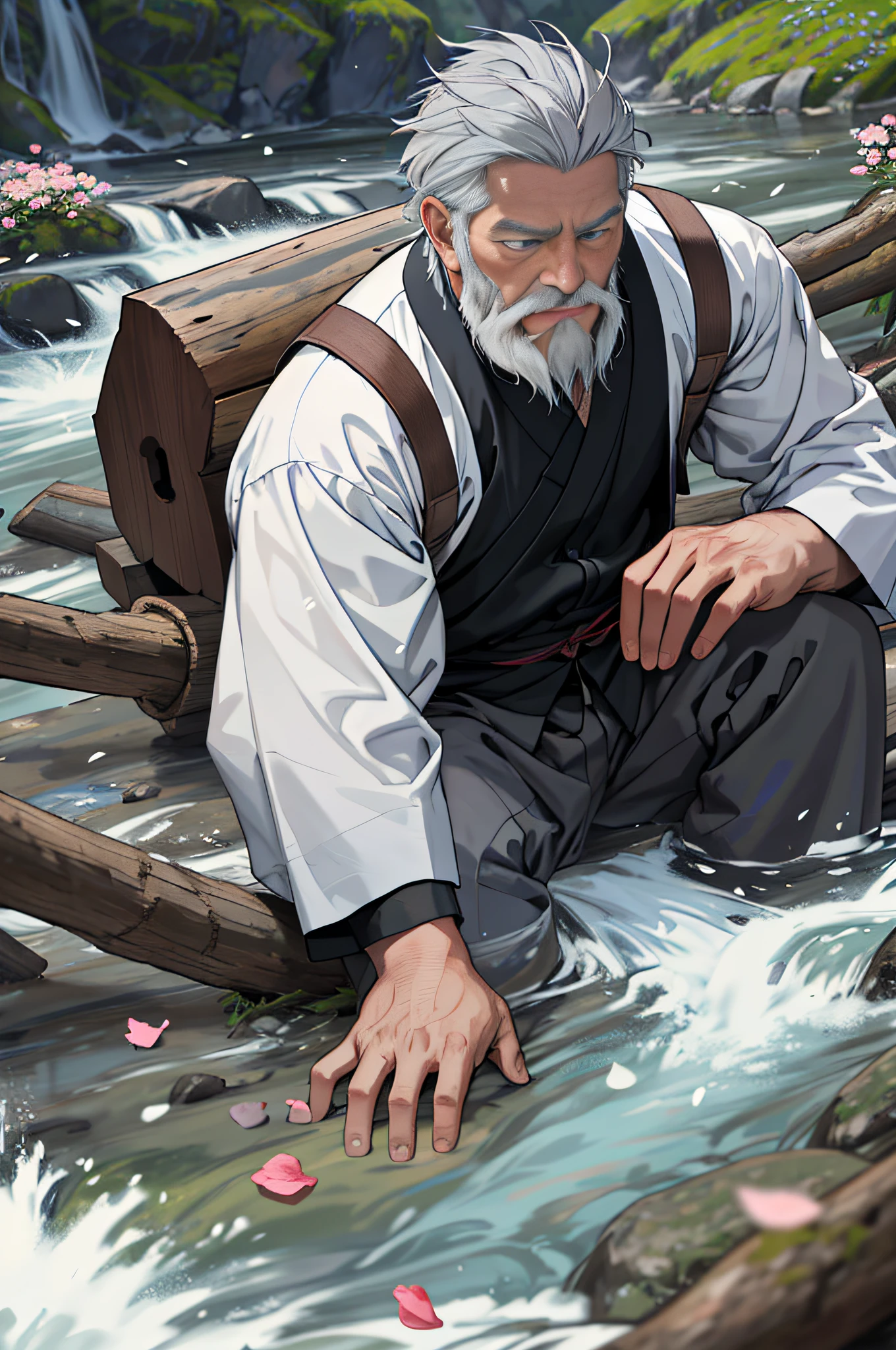 Father, alone, walking in the sun, mountain stream, flower petals, masterpiece, Chinese style, ancient Chinese, gray hair, beard, wrinkles, gray-blue eyes, white hair, wrinkles, gray-blue eyes, thin, (woodcutter), outdoors, mountain stream background, sad expression, lying in mountain stream