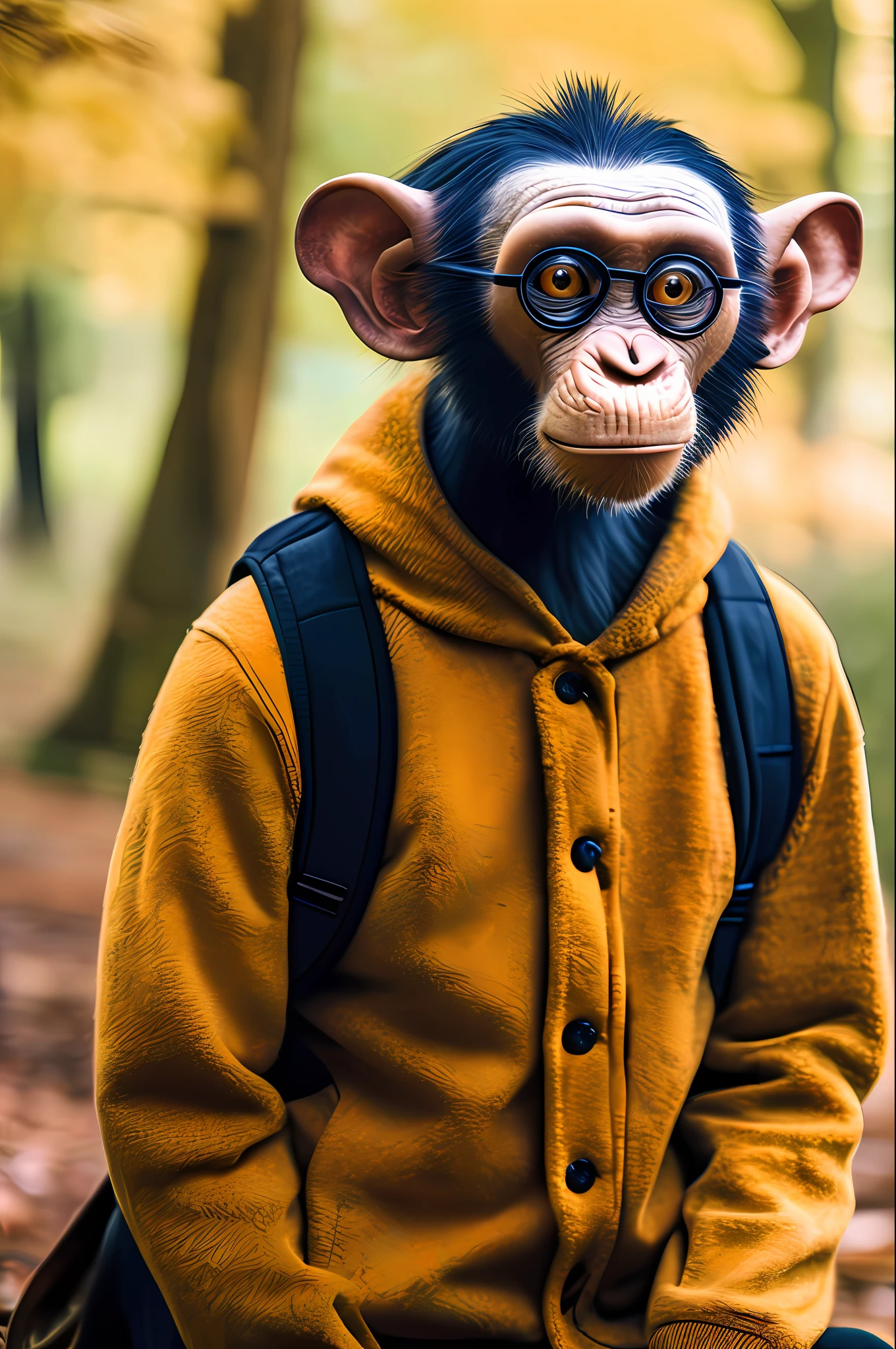 A photographic portrait of a hybrid chimpanzee monkey as a geek, during the day in autumn, in 8k resolution.