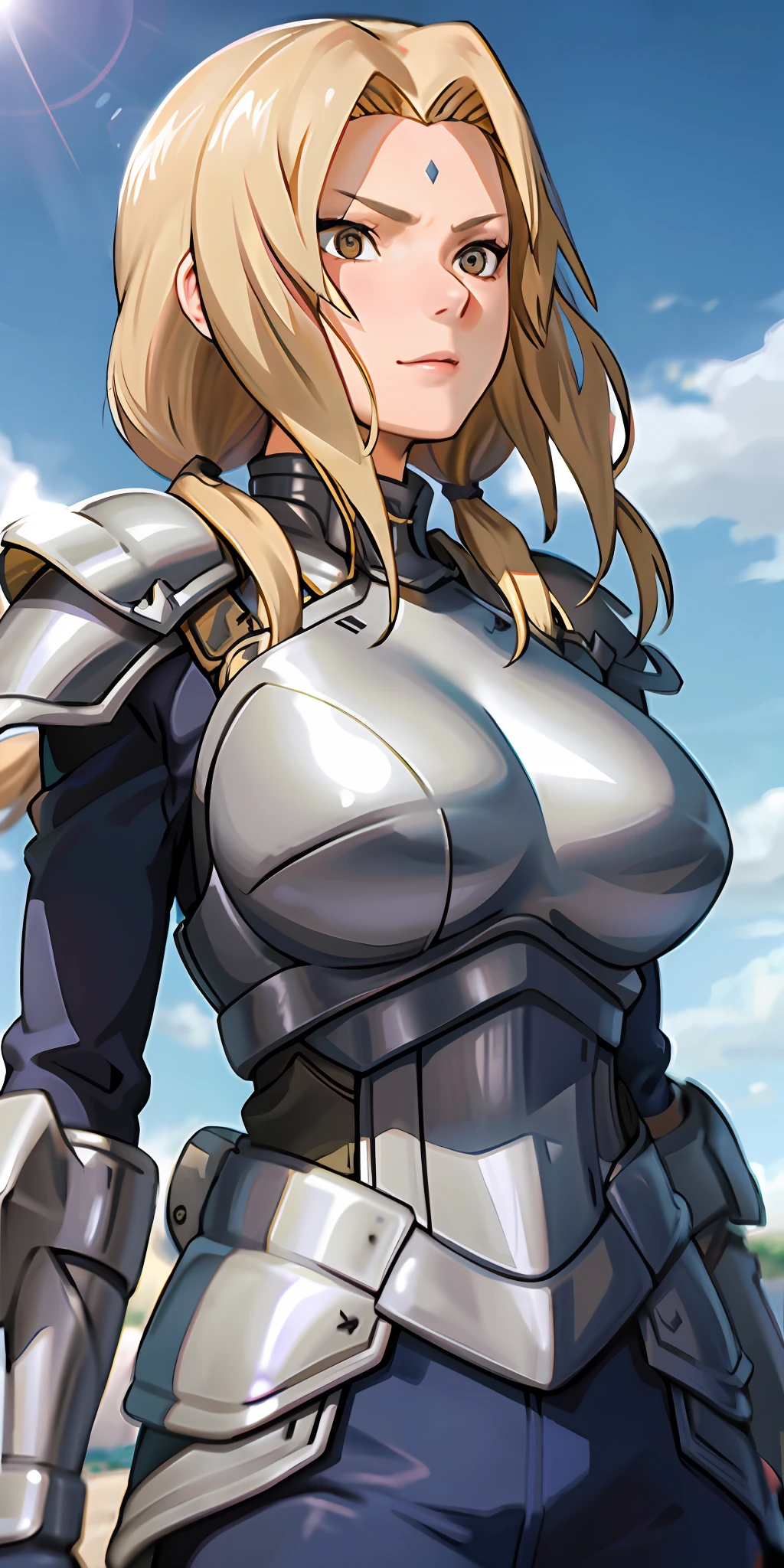Tall beautiful woman with blonde hair in armor at war