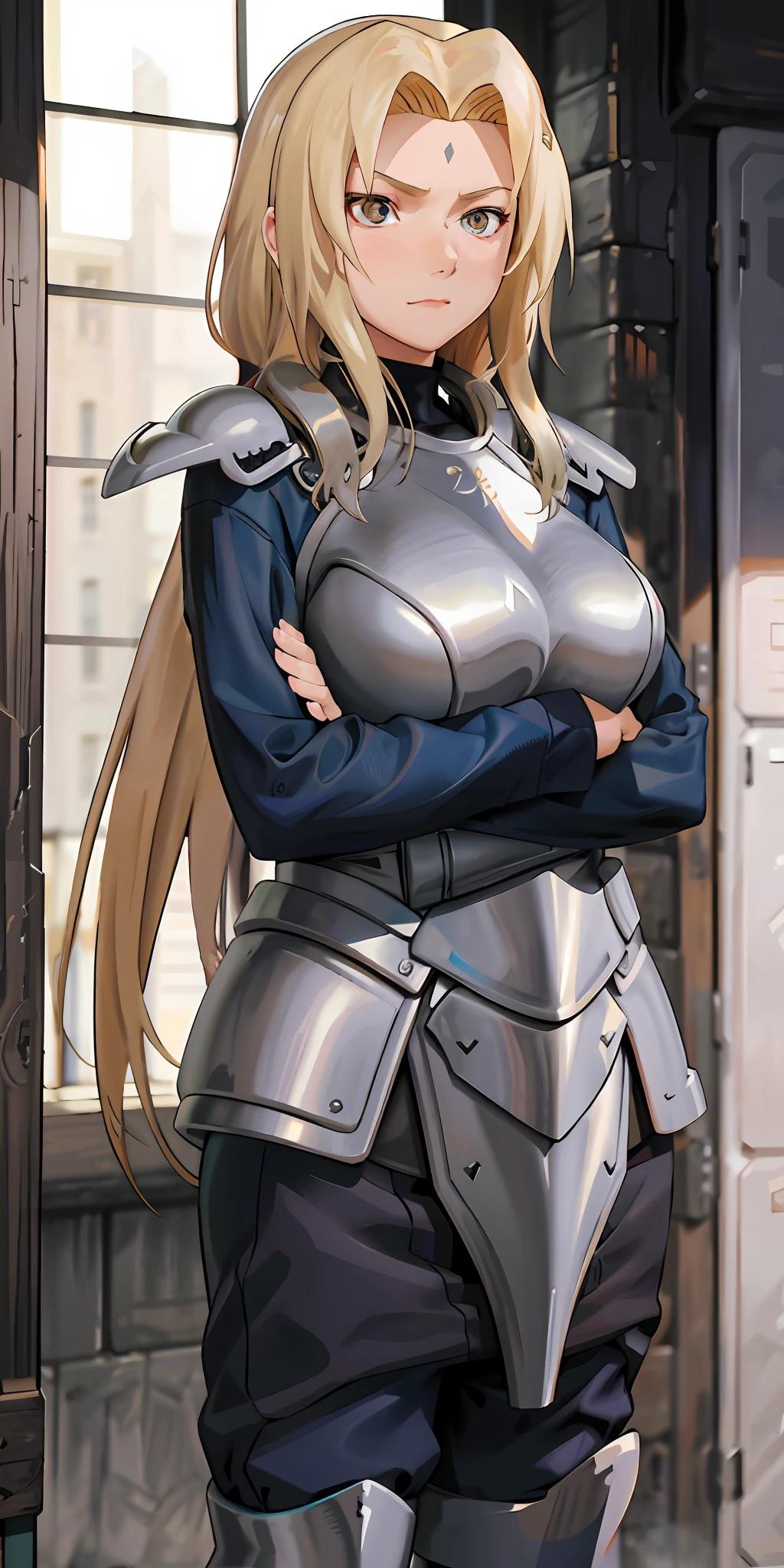 Tall beautiful woman with blonde hair in armor at war