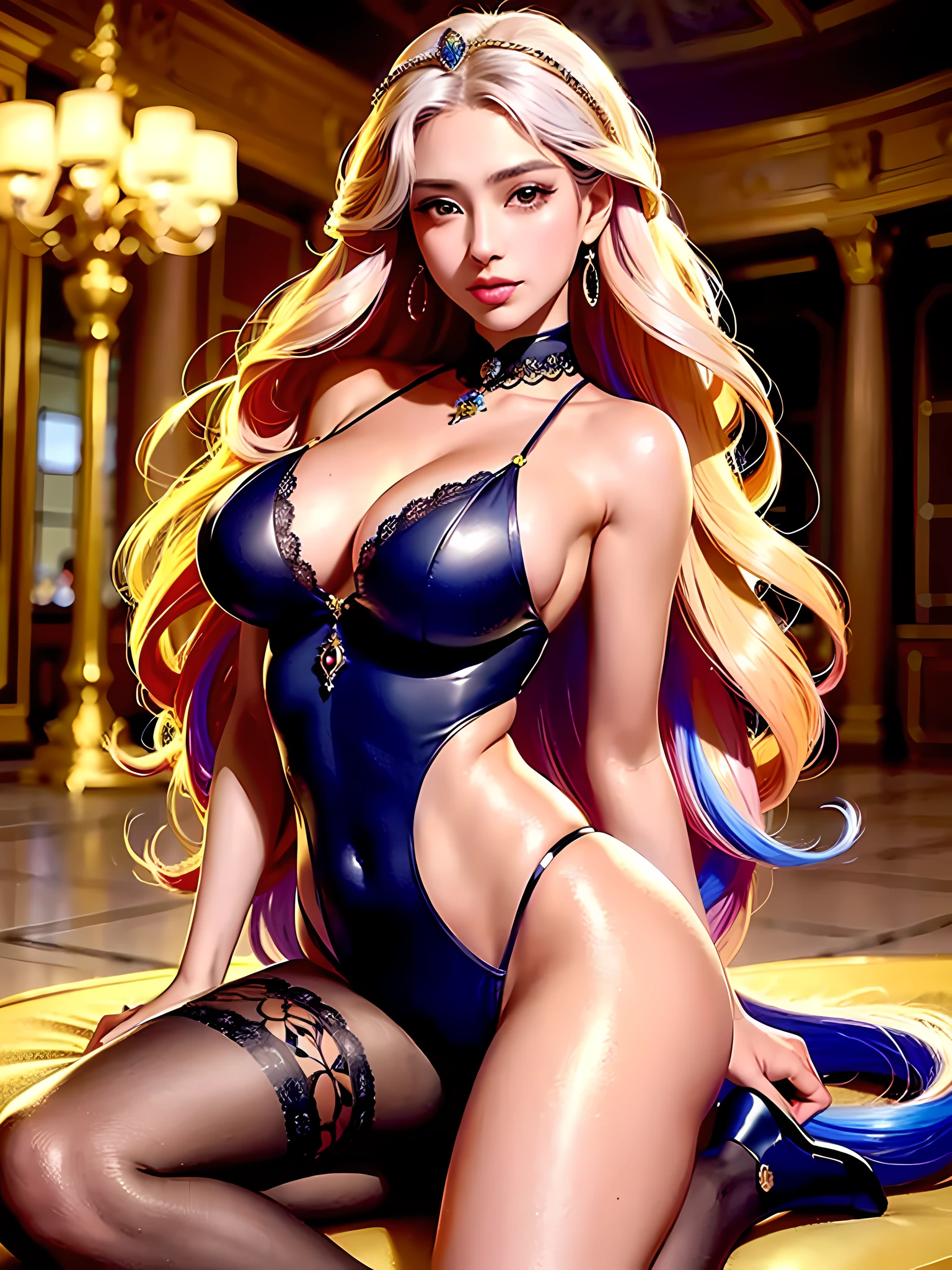 ultra-realistic 8k CG, picturesque face, flawless, clean, masterpiece,(((sfw))), professional artwork, famous artwork, movie lighting, movie blooming, perfect face, beautiful face, beautiful eyes, ((perfect female body, narrow waist)), (((multi-colored hair))), gorgeous queen, royal, sacred, goddess, goddess, god-like, (royal palace), fantasy, dream, unreal, science fiction,, beautiful clothes, lace, lace decoration, lace decoration, lace decorated socks, ridiculous long hair, very long hair, (rich: 1.4), prestige, luxury, jewelry, diamond, gold, pearl, gemstone, sapphire, ruby, emerald, intricate detail, delicate pattern, sexy, glamorous, alluring, glamorous, hair accessory, necklace, earrings, bracelet, arm,