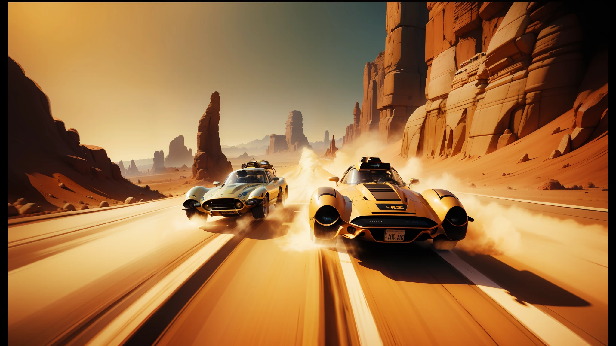 there are two cars that are driving down the road in the desert, syd mead color scheme, ultra realistic 8k octa photo, valerian, disney concept art :: nixri, crewson photography, hyperspeed, by David A Hardy, pc boxart, taken in the early 2020s, anamorphic --ar 16:9 --auto --s2
