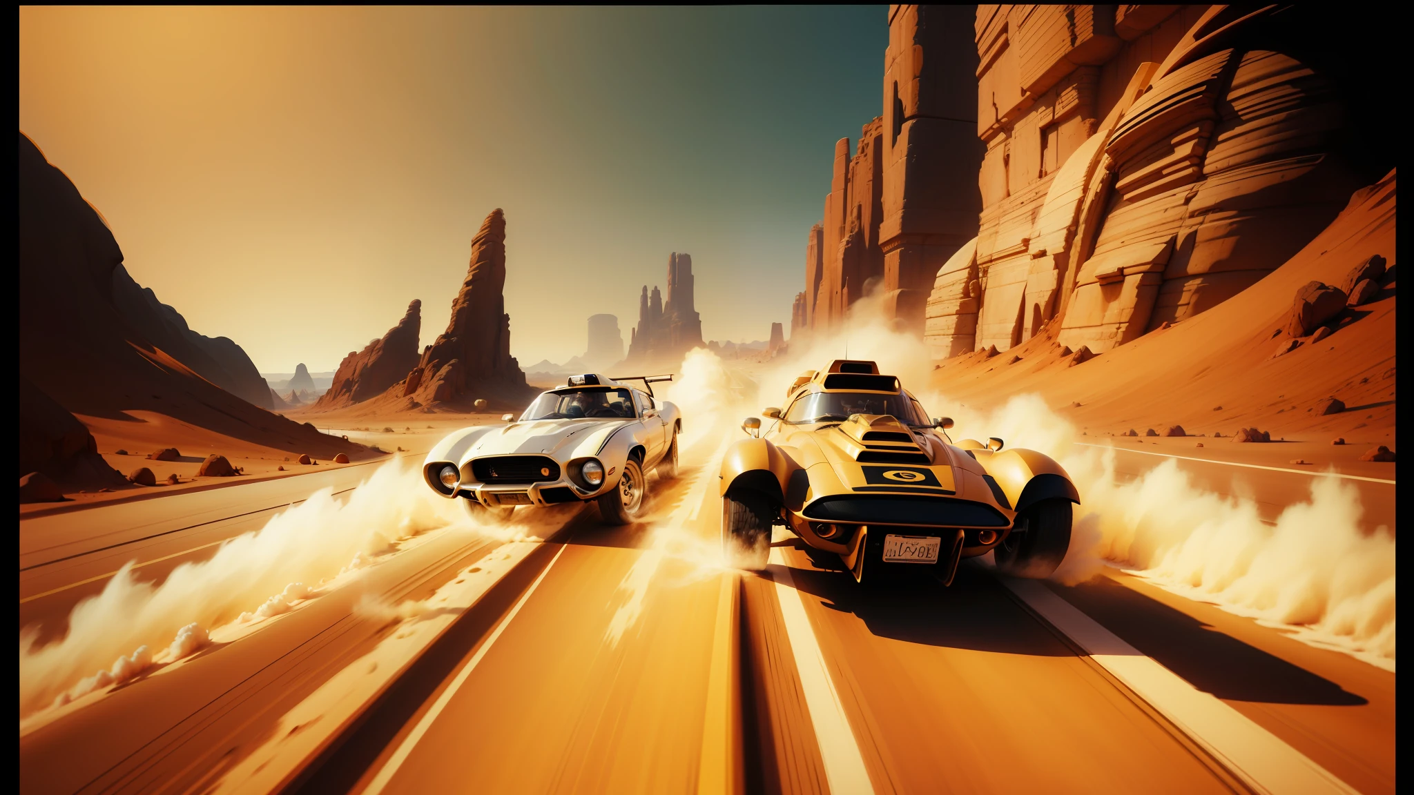 there are two cars that are driving down the road in the desert, syd mead color scheme, ultra realistic 8k octa photo, valerian, disney concept art :: nixri, crewson photography, hyperspeed, by David A Hardy, pc boxart, taken in the early 2020s, anamorphic --ar 16:9 --auto --s2