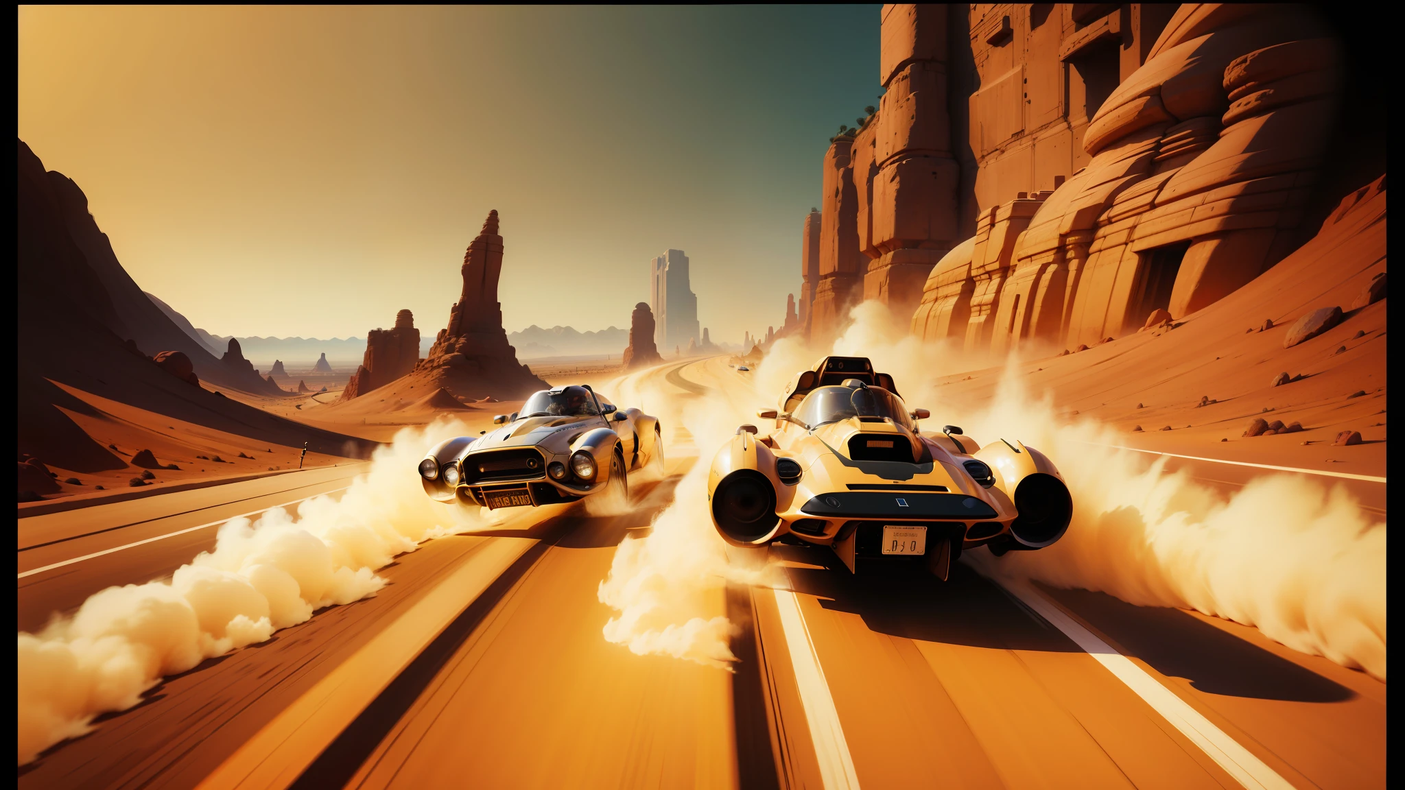 there are two cars that are driving down the road in the desert, syd mead color scheme, ultra realistic 8k octa photo, valerian, disney concept art :: nixri, crewson photography, hyperspeed, by David A Hardy, pc boxart, taken in the early 2020s, anamorphic --ar 16:9 --auto --s2