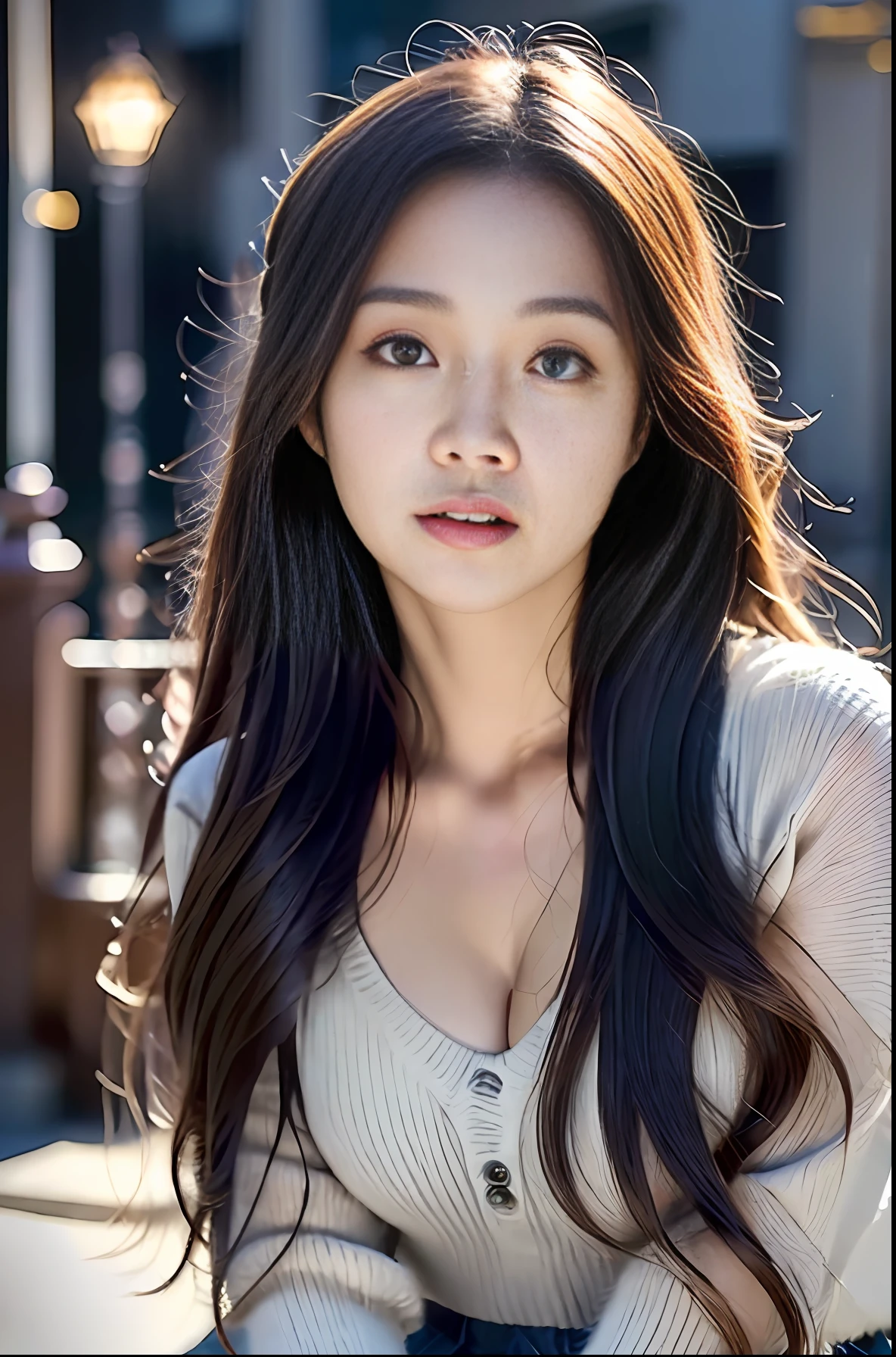 masterpiece, (front focus), surrealist female portrait, fantasy art, realism, dynamic lighting, art station, poster, volumetric lighting, highly detailed face, black and fluffy eyes, shiny pupils,4K, award-winning, 1 girl, understated,fullbody shot, (official attire: 1.4,blue sweater), street light, dark brown hair,