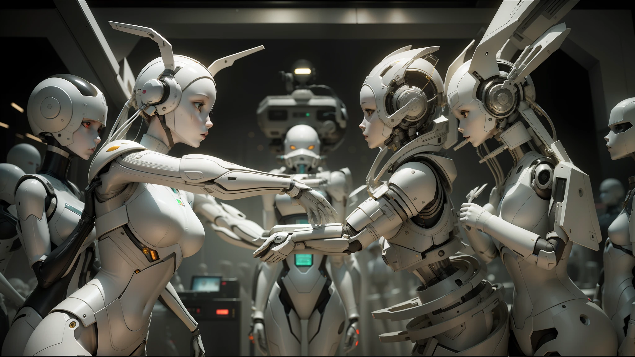 there are many mannequins lined up in a row, detailed cinematic shot, electronic brain, juno promotional image, by Richard Wright, perfect android girl, machine elves, trance, coherent symmetry, award-winning render, white machinery, parallelism --ar 16:9 --auto --s2