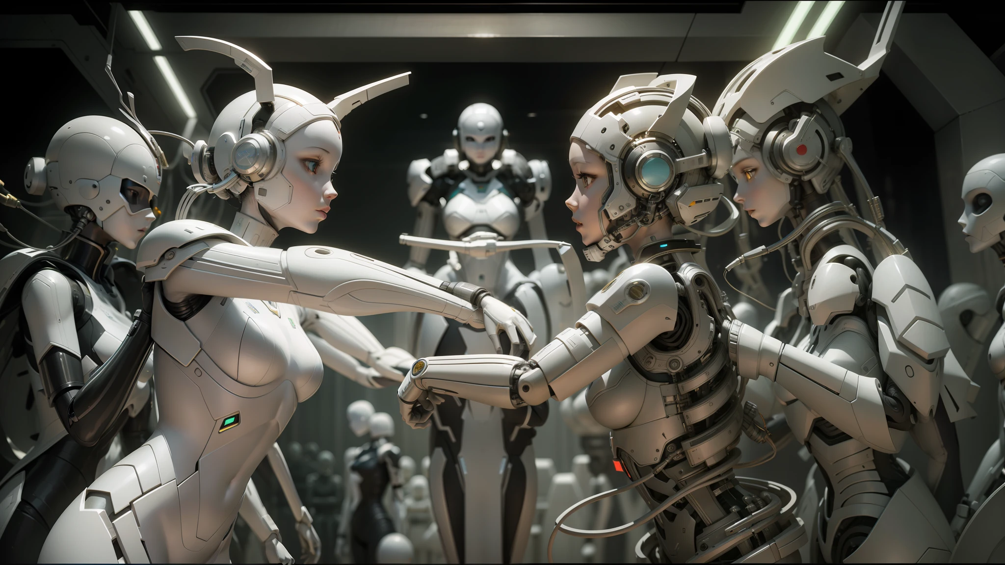 there are many mannequins lined up in a row, detailed cinematic shot, electronic brain, juno promotional image, by Richard Wright, perfect android girl, machine elves, trance, coherent symmetry, award-winning render, white machinery, parallelism --ar 16:9 --auto --s2