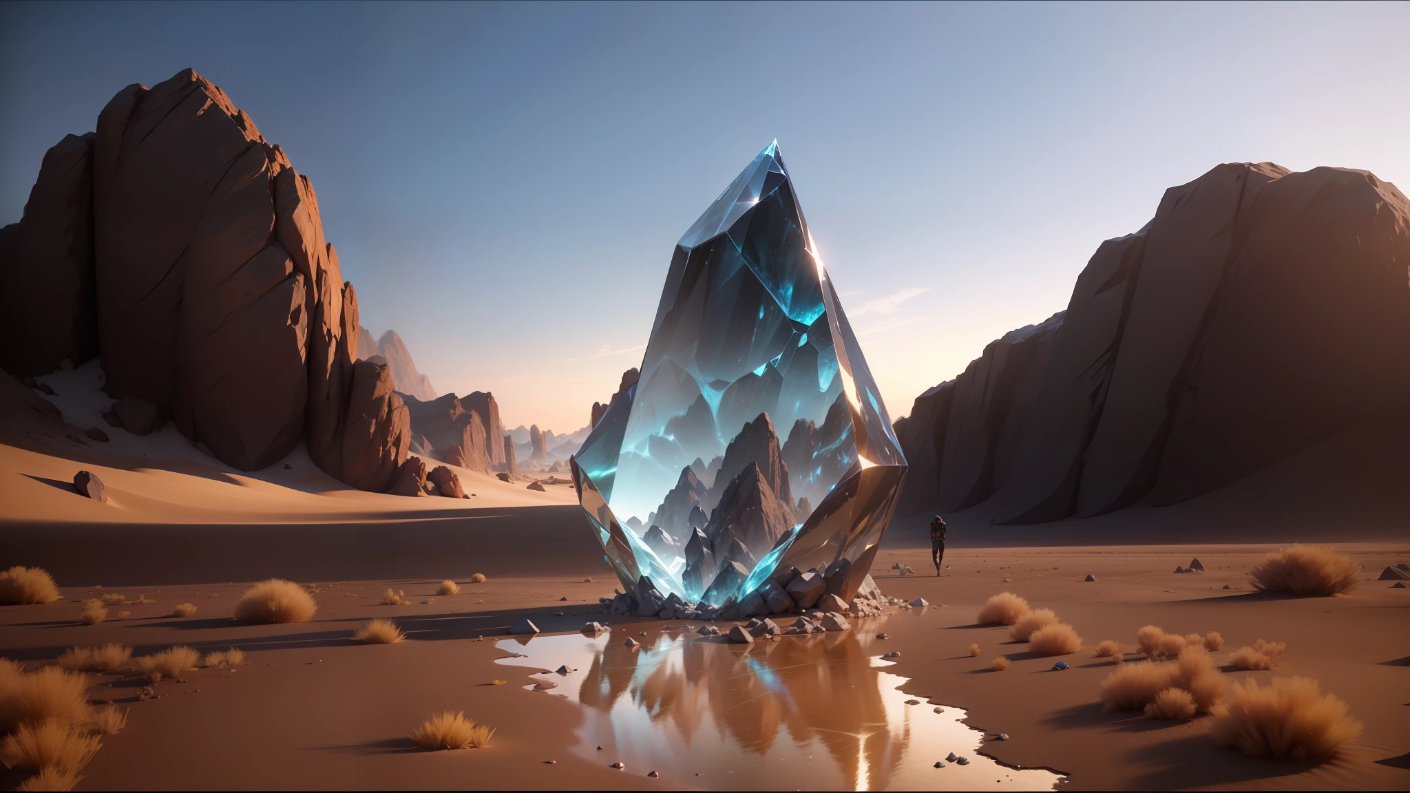 there is a large crystal in the middle of a desert, unreal engine 5 », trending on artstattion, still from a music video, inspired by Moses van Uyttenbroeck, trending on artstaion, glass and metal : : peugot onyx, dance trance edm festival, “diamonds, faceted --auto --s2
