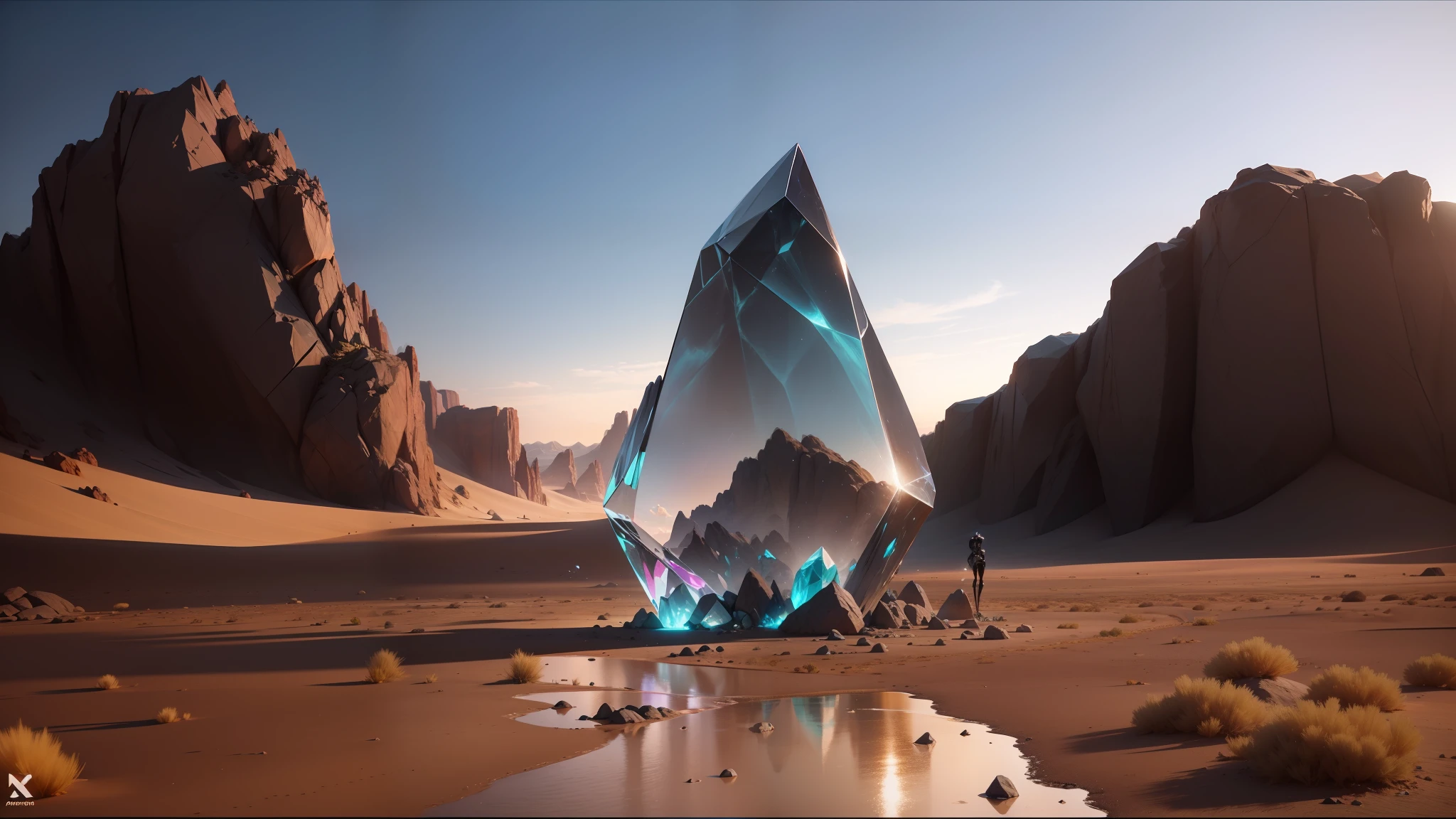 there is a large crystal in the middle of a desert, unreal engine 5 », trending on artstattion, still from a music video, inspired by Moses van Uyttenbroeck, trending on artstaion, glass and metal : : peugot onyx, dance trance edm festival, “diamonds, faceted --auto --s2
