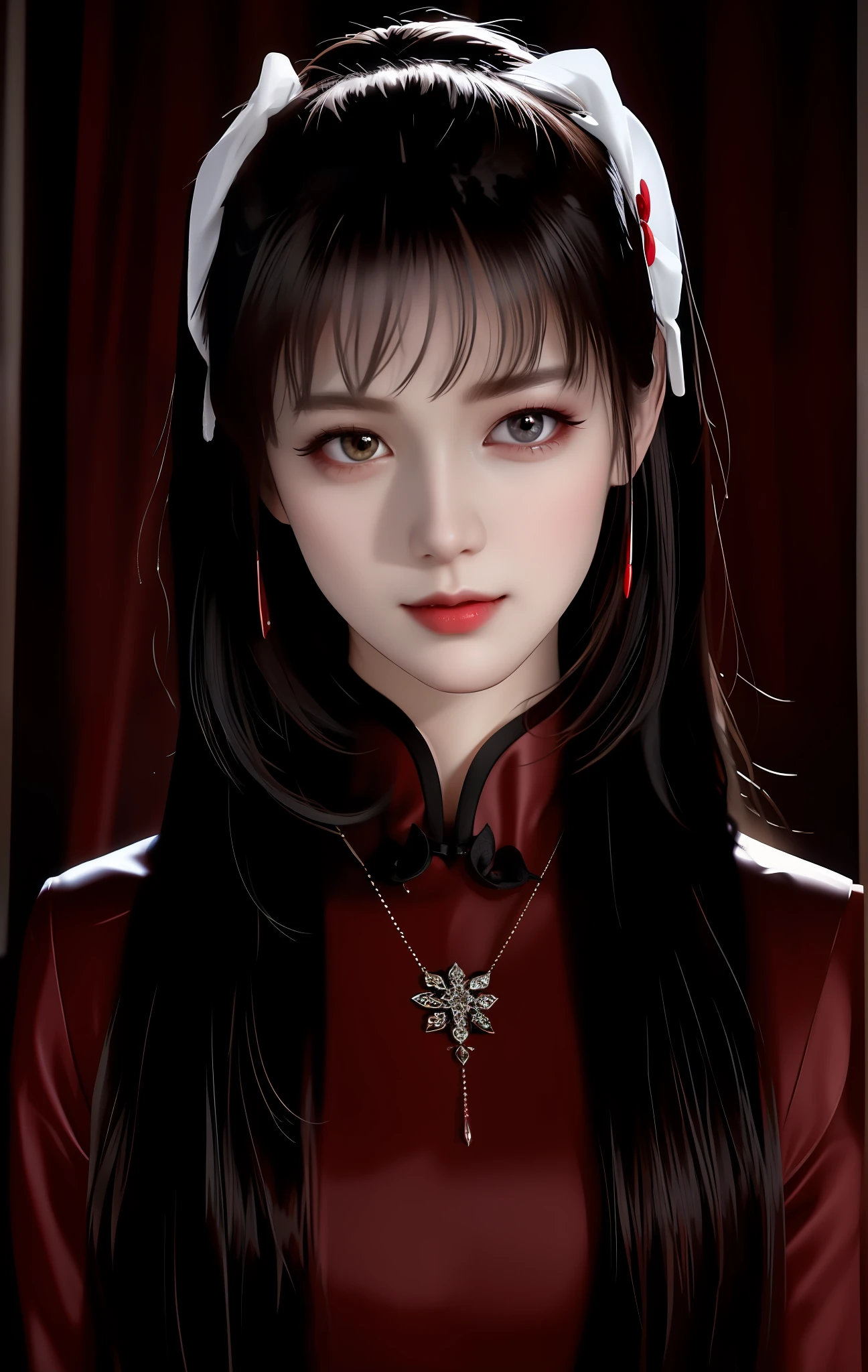 Best Quality, Masterpiece, Vampire, Full Covered Red and Black Cloth, Visible Vampire Teeth, High Resolution, 1girl, Porcelain Dress, Hair Accessories, Necklace, Jewelry, Beautiful Face, Physical, Tyndall Effect, Realistic, Dark Studio, Edge Lighting, Two-tone Lighting, (High Detail Skin: 1.2), 8K UHD, DSLR, Soft Light, High Quality, Volume Lighting, Voy Shot, Photo, High Resolution, 4K, 8K, Background Bokeh