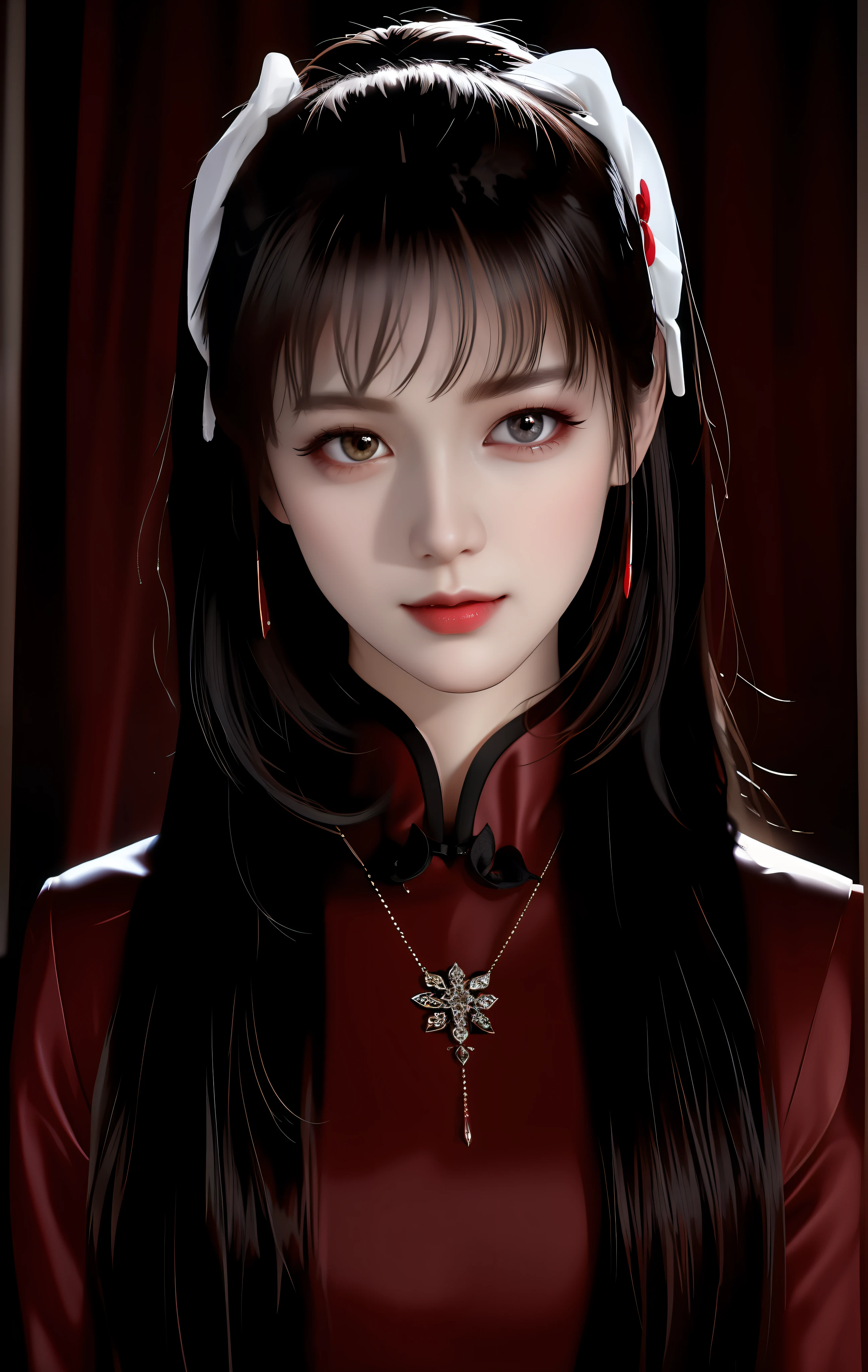 Best Quality, Masterpiece, Vampire, Full Covered Red and Black Cloth, Visible Vampire Teeth, High Resolution, 1girl, Porcelain Dress, Hair Accessories, Necklace, Jewelry, Beautiful Face, Physical, Tyndall Effect, Realistic, Dark Studio, Edge Lighting, Two-tone Lighting, (High Detail Skin: 1.2), 8K UHD, DSLR, Soft Light, High Quality, Volume Lighting, Voy Shot, Photo, High Resolution, 4K, 8K, Background Bokeh