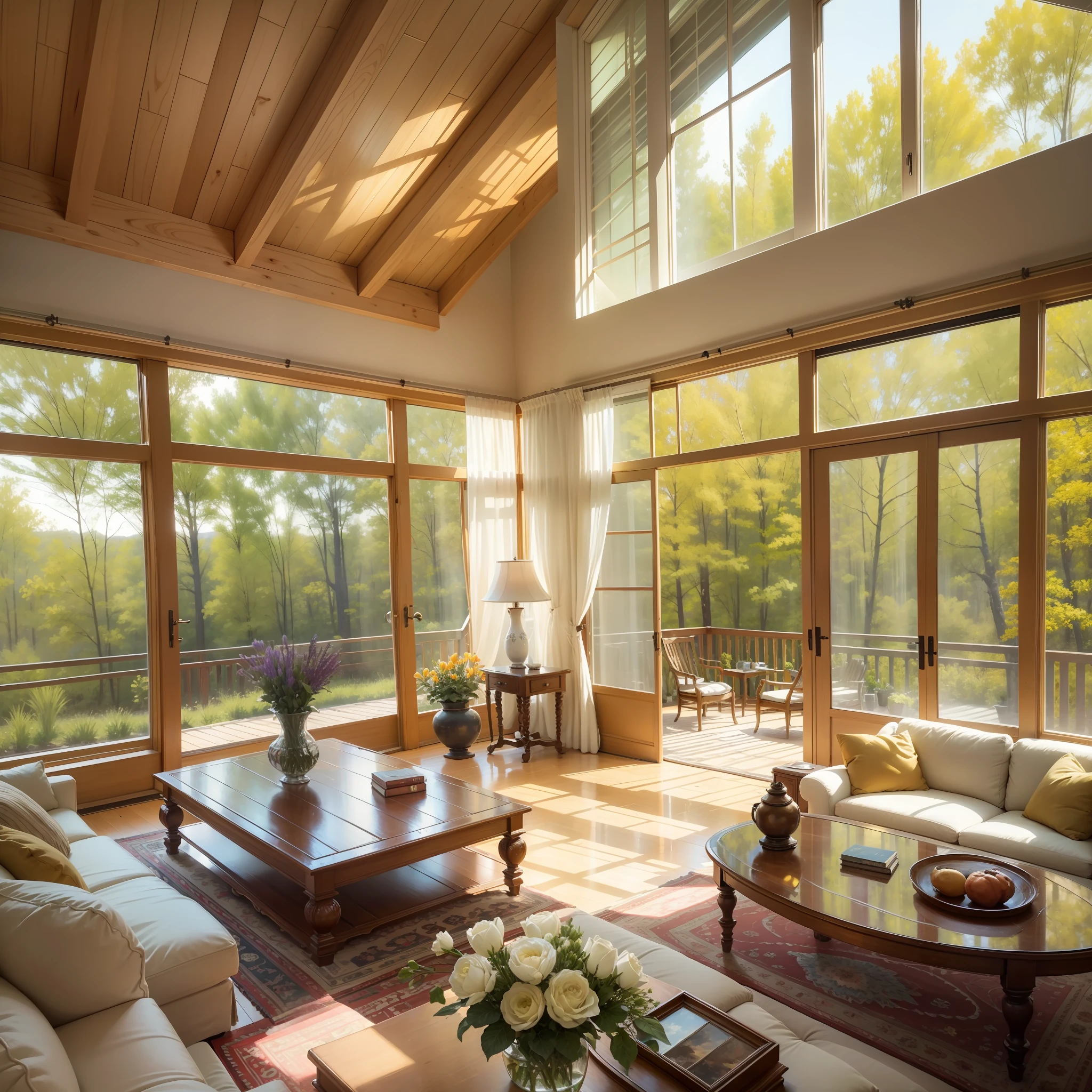 Paint a beautiful oil painting style interior of the house, with brilliant sunlight pouring into the house through the spacious floor-to-ceiling windows, and the spring scenery outside the window.