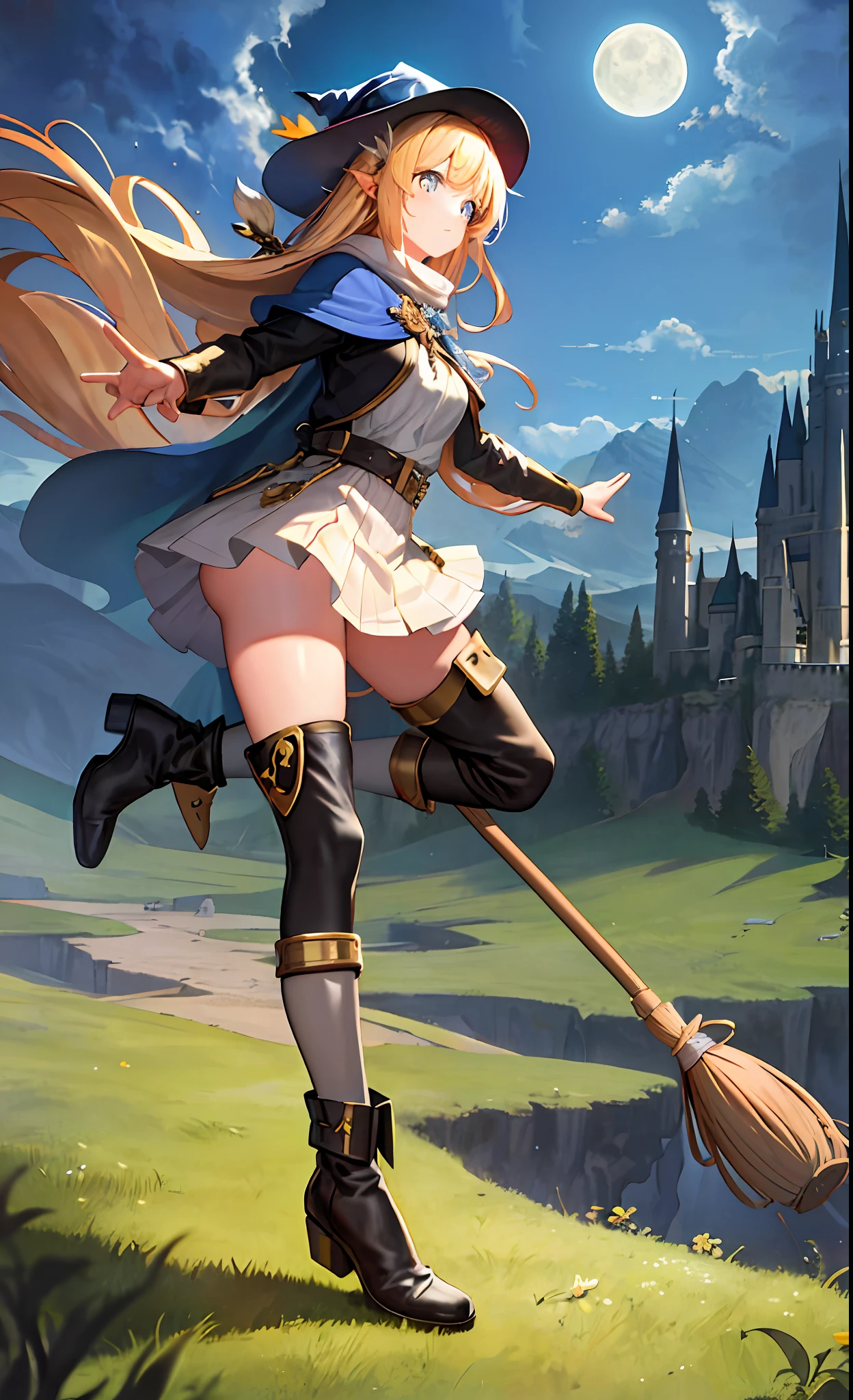 masterpiece, best quality, ultra-detailed, illustration, 1girl, solo, fantasy, flying, broom, night sky, outdoors, magic, spells, moon, stars, clouds, wind, hair, cape, hat, boots, broomstick, glowing, mysterious, enchanting, whimsical, playful, adventurous, freedom, wonder, imagination, determination, skill, speed, movement, energy, realism, naturalistic, figurative, representational, beauty, fantasy culture, mythology, fairy tales, folklore, legends, witches, wizards, magical creatures, fantasy worlds, composition, scale, foreground, middle ground, background, perspective, light, color, texture, detail, beauty, wonder.
