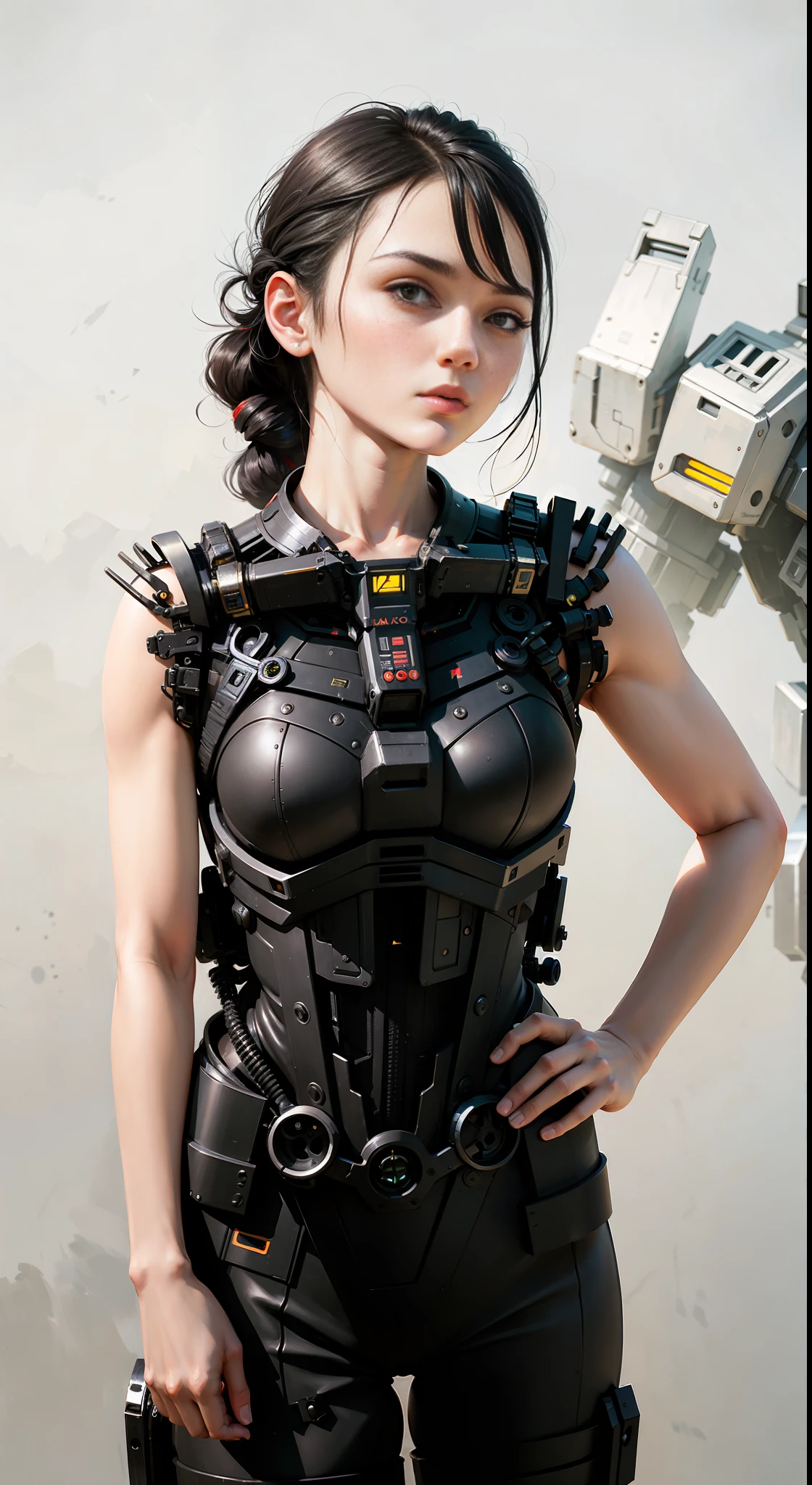A girl, human face, black hair, wearing mecha, machine armor, tech helmet, metal, protruding parts, neck connected by machine lever, complex machine structure and parts, metal texture, battle damage, sense of technology, strong contrast lighting, white background, HD, Transformers style, 8K
