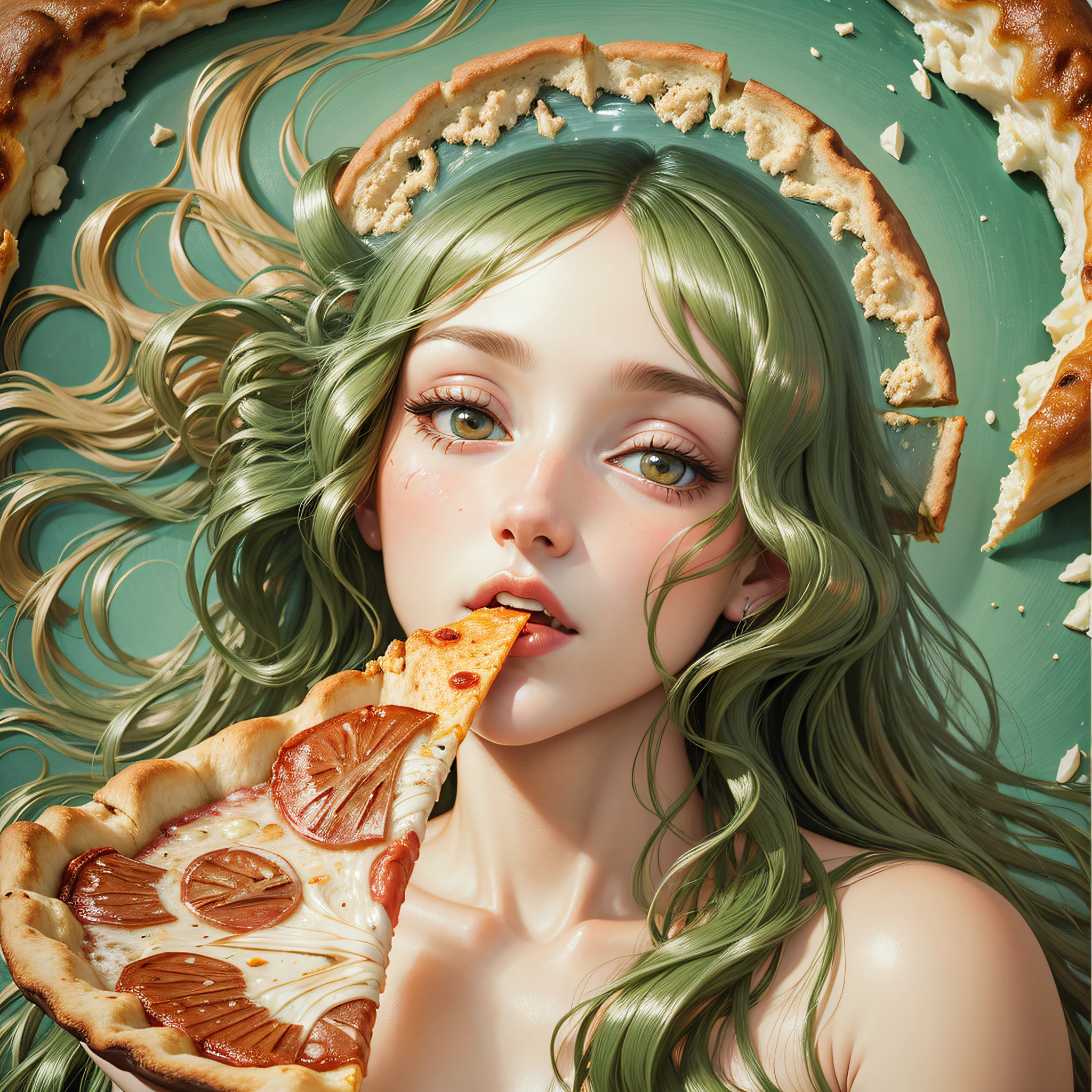 close-up of Botticelli's Venus eating a slice of pizza --auto --s2