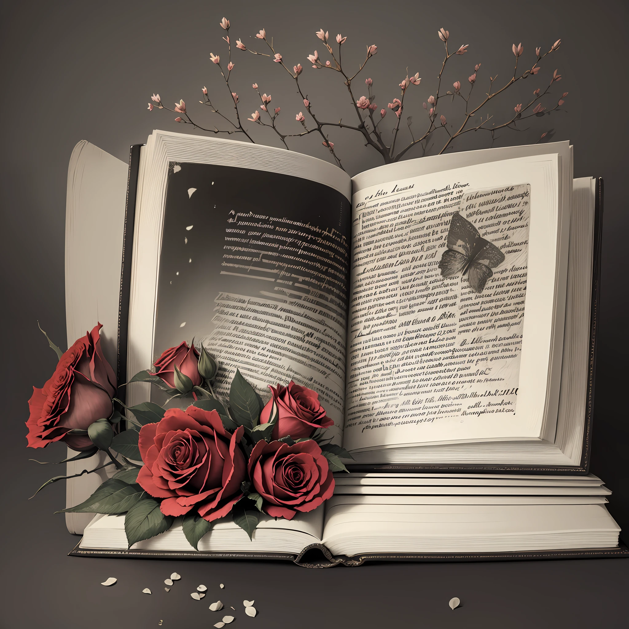 ((high quality)), ((masterpiece)), 8k, old book, open book, monochrome writing, digital art, book and roses, vintage --auto --s2