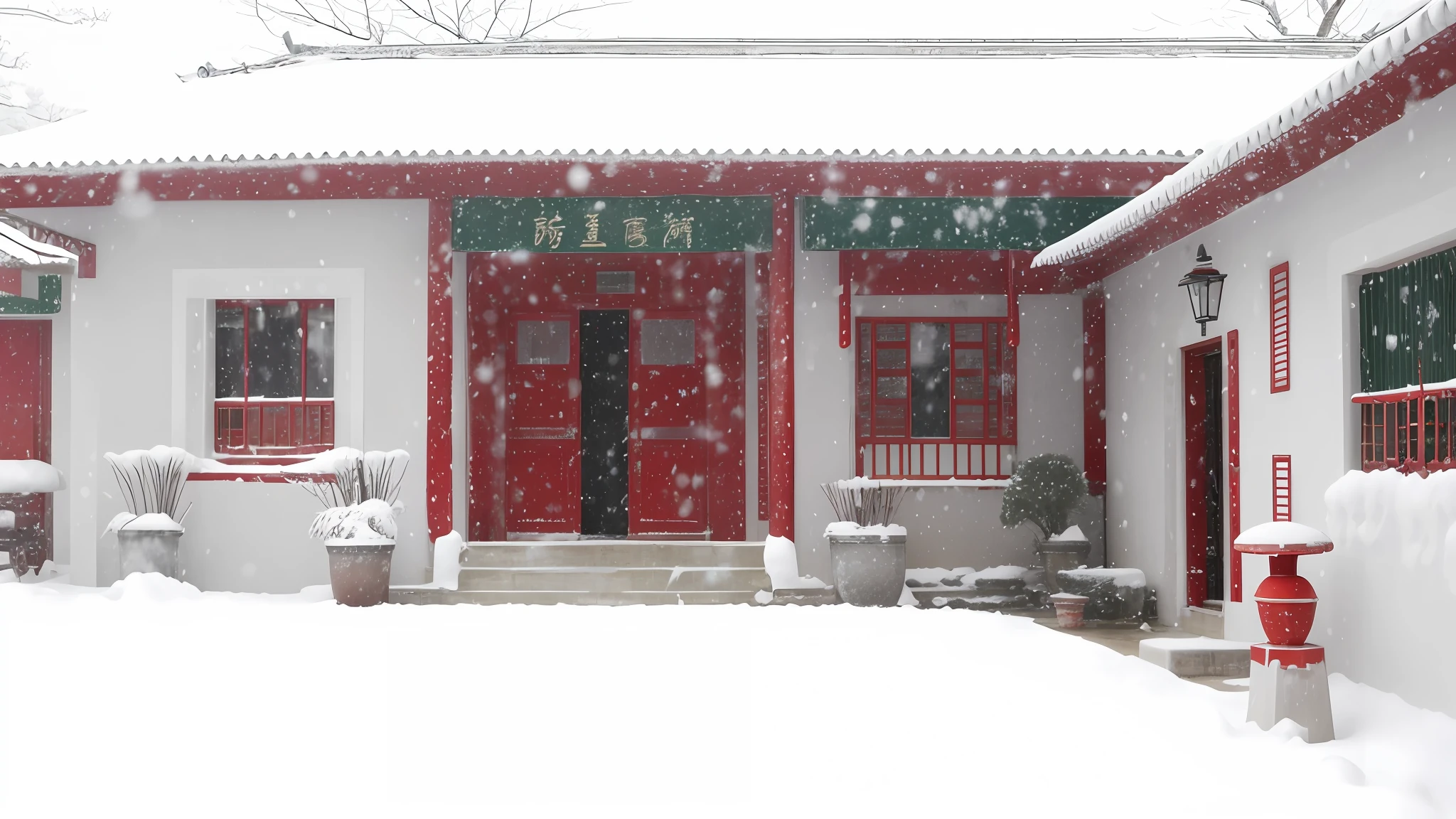 snowy scene of a house with a red door and a red lantern, outside in snow snowing, snowing outside, during snowfall, snow, snowing, snowy day, snowy, cold snow outside, (snow), chinese style, chinese village, with snow covered colourful red, inspired by Zhang Zongcang, winter, covered with snow, chinese building, snowfall, snow snow