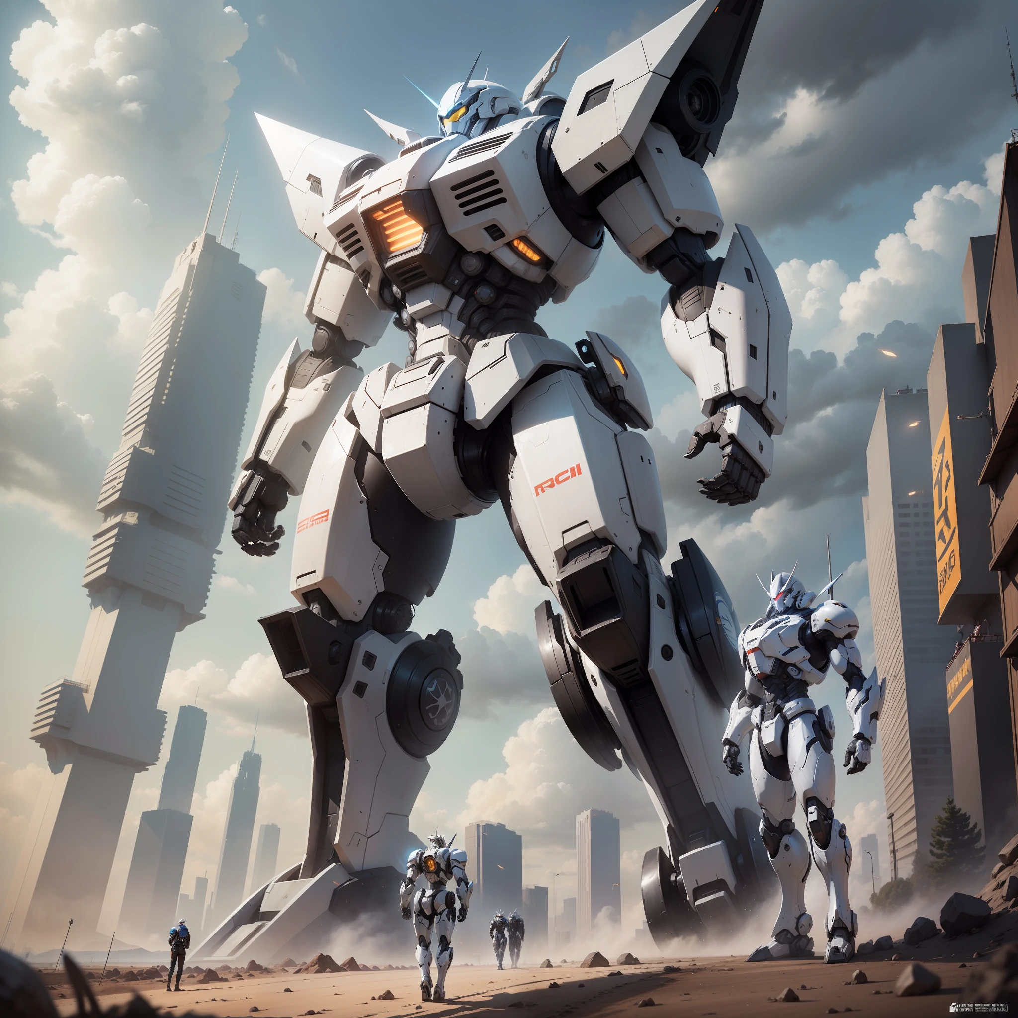 (Extreme detail depiction, super high image quality performance) The Alafard robot stands side by side with people in the warehouse, (silver white: 1.1, mecha: 1.2 + mecha appearance: 1.2), next to Alexander Ferra white mecha, Alexander Ferra mecha, and painting humanoid mecha, Voitek Foss, (giant mech: 1.3 + Greg Rutkowski: 1.1 + Krenc Kusaud: 1.1), mecha atmosphere.