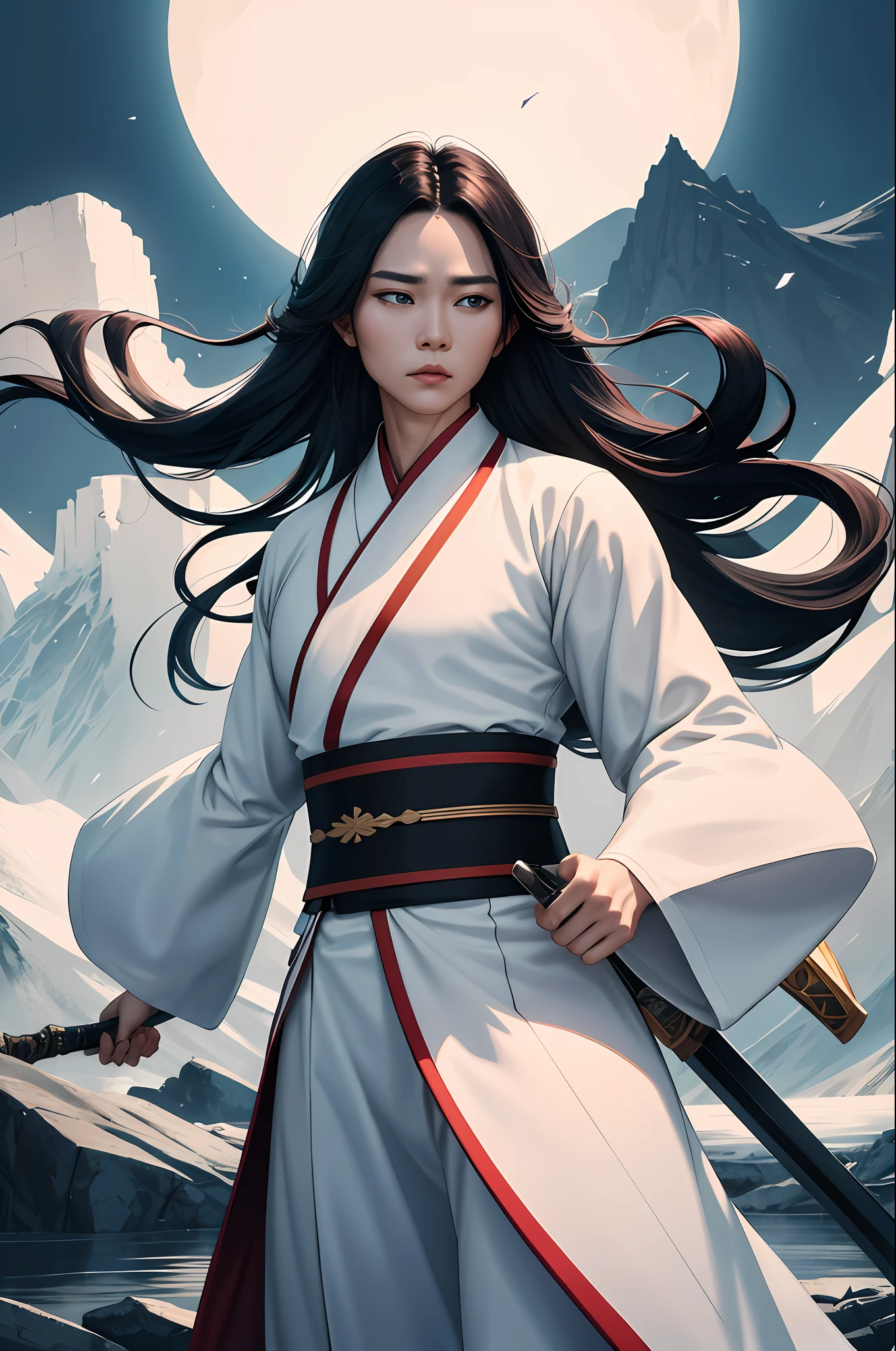 Best Quality, Masterpiece, Ultra High Resolution, (Realistic: 1.5)1 Man, Weapon, Sword, Long Hair, Black Hair, White Hanfu, White Skin, White Background, Solo, Looking at the Audience, Blue Eyes, Cloth, Floating Hair All Over, Upper Body, Hands Behind Back, Perfect Lighting, Perfect Shadows, Dynamic Pose, Movie, (Hanfu: 1.2), (Flat Color: 1.25), (Adult: 1.4), Style Splash Background With verse Heavenly Dao collapsed, I Chen Pingan, only one sword, can move mountains, Break the river, pour the sea, descend the demon, suppress the devil, and destroy the god