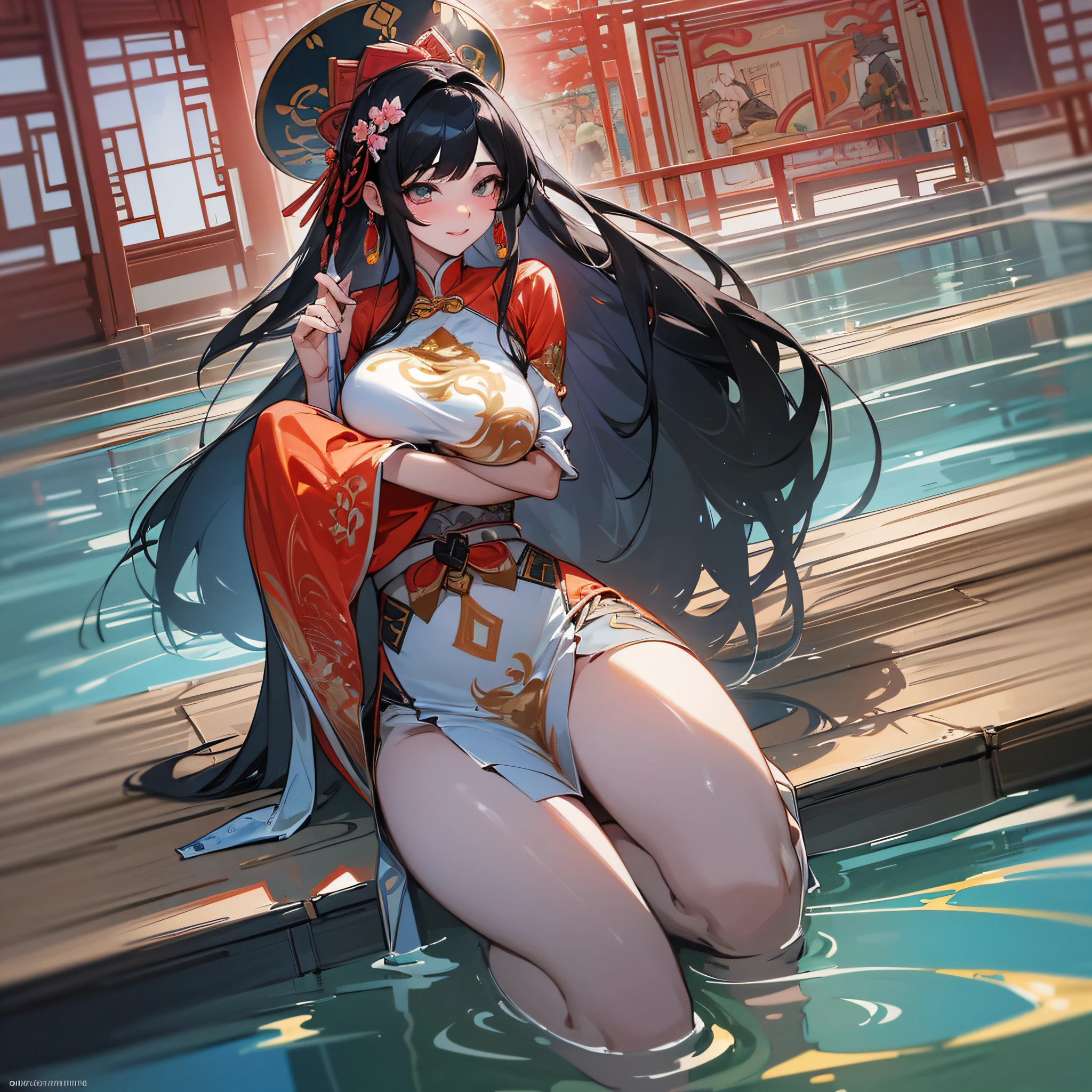 Morning, (early morning), (day: 1.8), summer, hot spring, (traits: 1.9), 1 female, full body, black hair, super long hair, grinning, sexy, breasts, dynamic angle, dynamic pose, outdoor, chinoiserie architecture, red miao suit, chinoiserie architecture, high color saturation, color saturation, (jewelry: 1.9), wear jewelry, warm light, warm light, ray tracing, cinematic light, (original photo: 1.2), (realism: 1.4), absurd, incredibly ridiculous, huge file size , super detailed, high resolution, very detailed, best quality, masterpiece, illustration, very refined and beautiful, very detailed, CG, unified, 8k wallpaper, amazing, fine detail, masterpiece, best quality, pureerosface_v1, ulzzang -6500-v1.1, --auto --s2