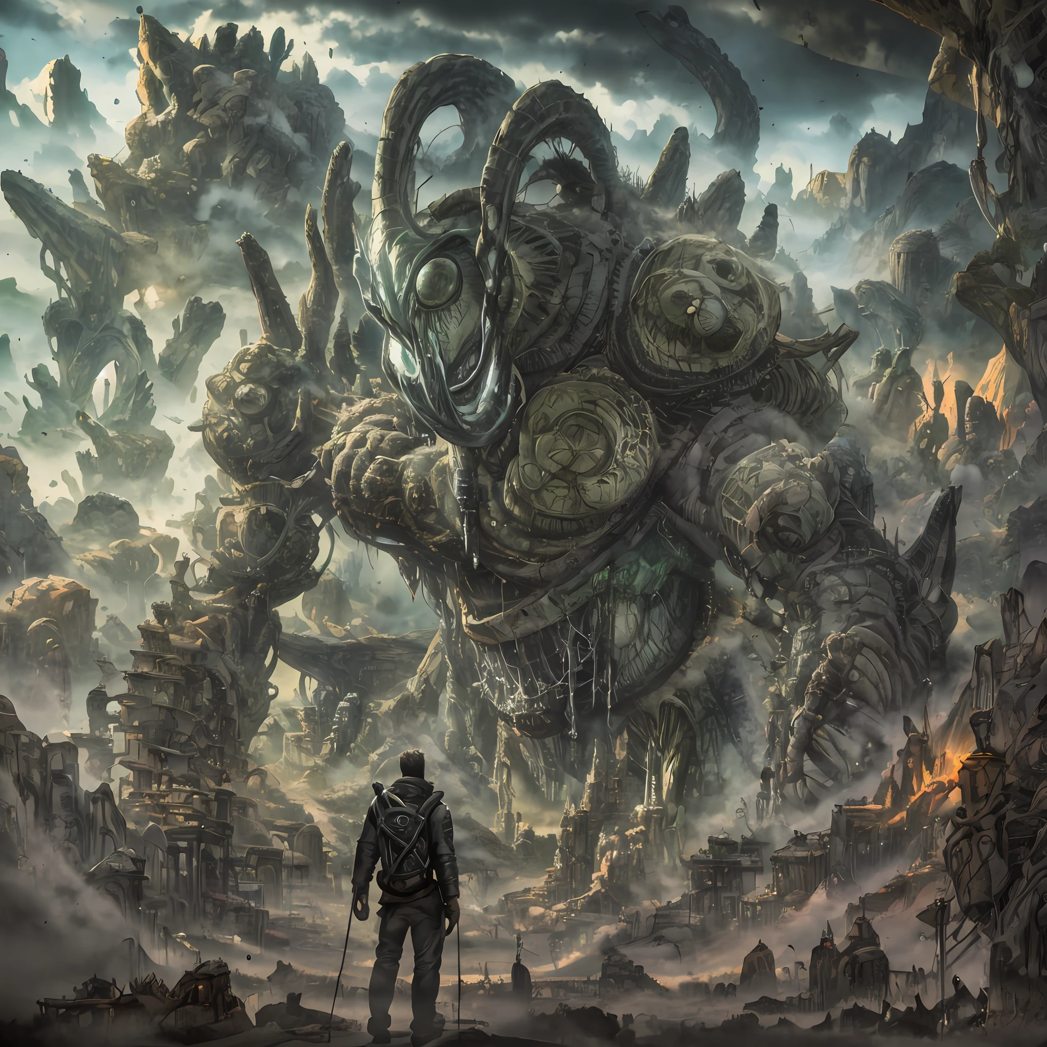 A very detailed matte painting depicting a man looking at a giant alien monster on a mountain, volumetric lighting, octane rendering, 4k resolution, artstation trend, masterpiece --auto --s2