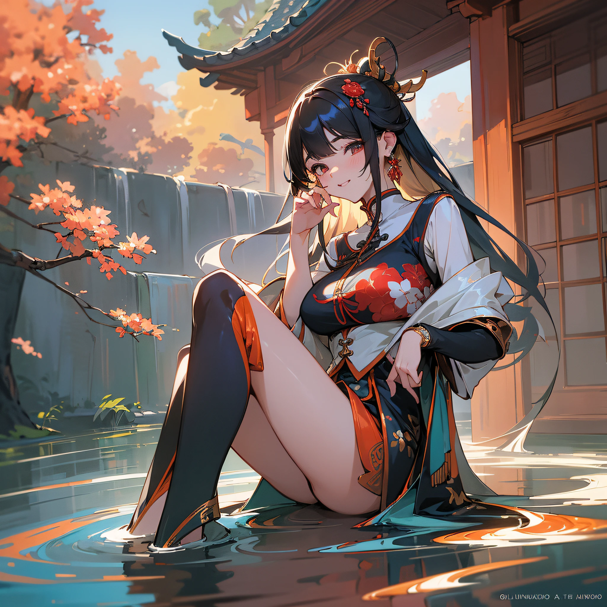 Morning, (early morning), (day: 1.8), summer, hot spring, (traits: 1.9), 1 female, full body, black hair, super long hair, grinning, sexy, breasts, dynamic angle, dynamic pose, outdoor, chinoiserie architecture, red miao suit, chinoiserie architecture, high color saturation, color saturation, (jewelry: 1.9), wear jewelry, warm light, warm light, ray tracing, cinematic light, (original photo: 1.2), (realism: 1.4), absurd, incredibly ridiculous, huge file size , super detailed, high resolution, very detailed, best quality, masterpiece, illustration, very refined and beautiful, very detailed, CG, unified, 8k wallpaper, amazing, fine detail, masterpiece, best quality, pureerosface_v1, ulzzang -6500-v1.1, --auto --s2