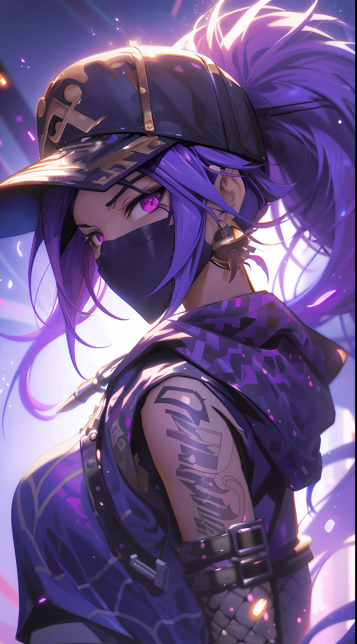 anime girl with purple hair and a black hat and a black mask, anime style 4 k, badass anime 8 k, anime art wallpaper 8 k, anime art wallpaper 4 k, anime art wallpaper 4k, anime wallpaper 4 k, anime wallpaper 4k, 8k high quality detailed art, anime style. 8k, best anime 4k konachan wallpaper --auto --s2