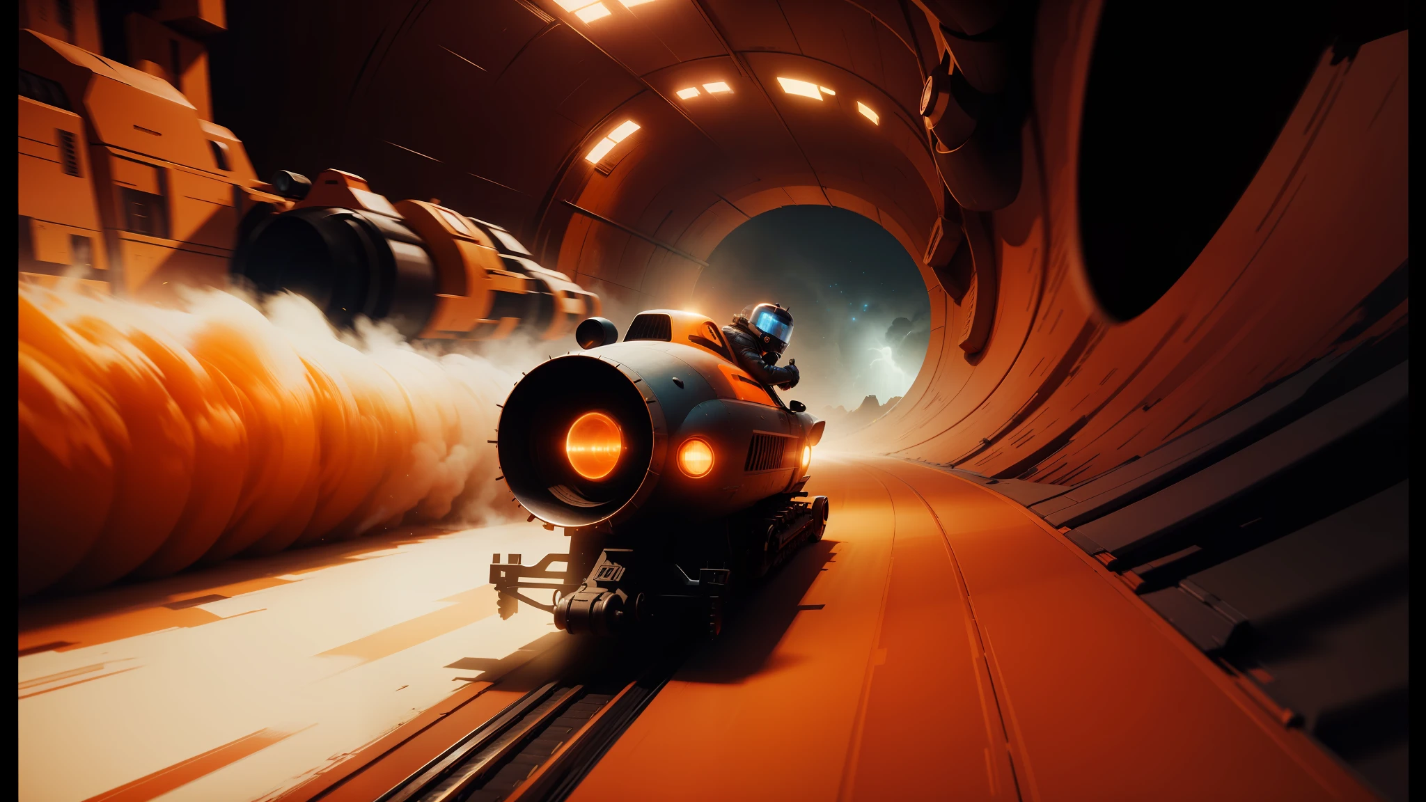 there is a man riding a car on a track in a tunnel, 4 k resolution blade runner, jet engines, abduzeedo, jodorwoski's dune, strong blue and orange colors, flares anamorphic, computer graphics, still from despicable me 2010, featured on dribble, sandworm, from a 2 0 1 9 sci fi 8 k movie --ar 16:9 --auto --s2