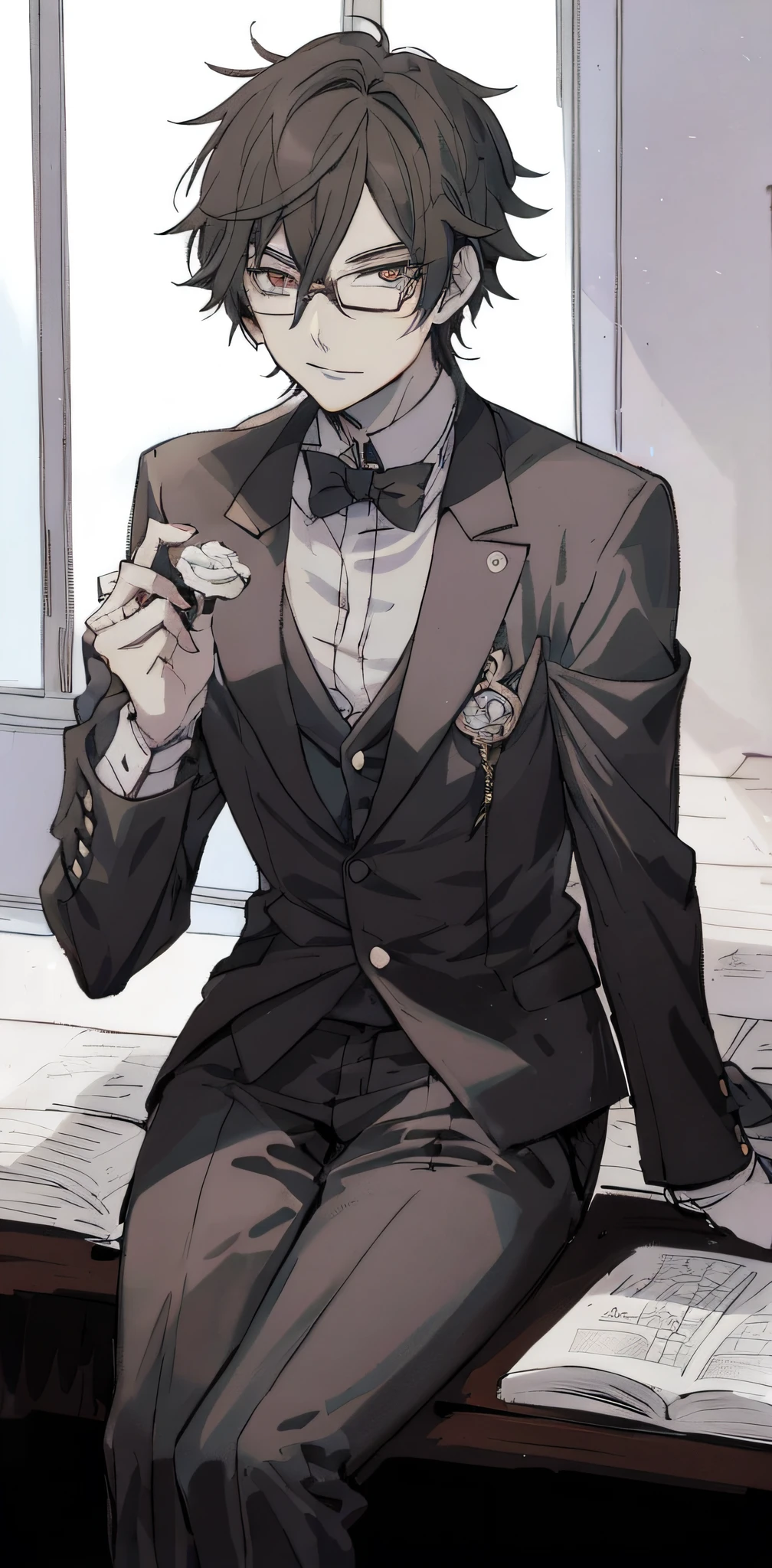 anime - style image of a man in a suit sitting on a desk, he is wearing a suit, in a strict suit, delicate androgynous prince, dapper dream demon, in strict suit, ((wearing aristocrat robe)), in his suit, handsome anime pose, digital art from danganronpa, wearing tuxedo, well - dressed