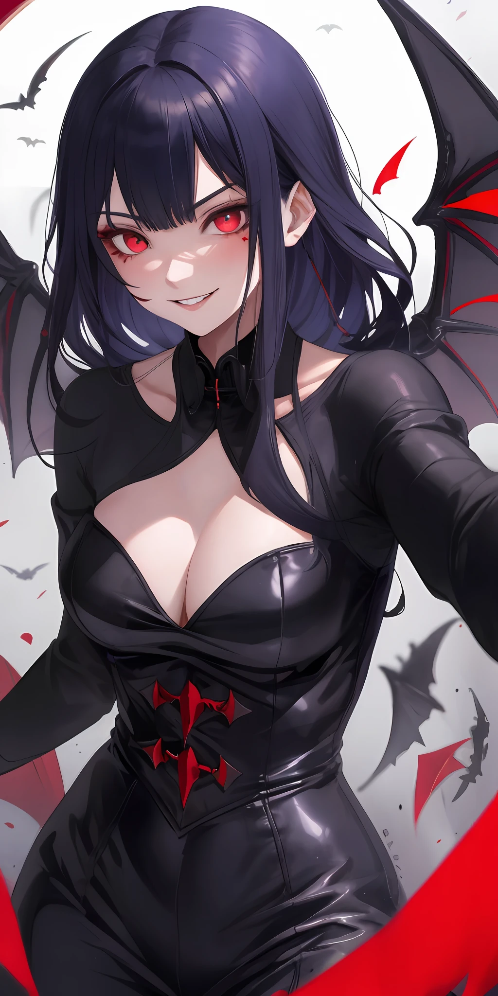 Red eyes, vampir teeth fangs, booldy face, blood out of mouth, smirk,bat wings, scary smile, psychopathic smirk, psychopathic smile, scary, tight lips, angry eyes, vampire, dark hall background, red + blue + green