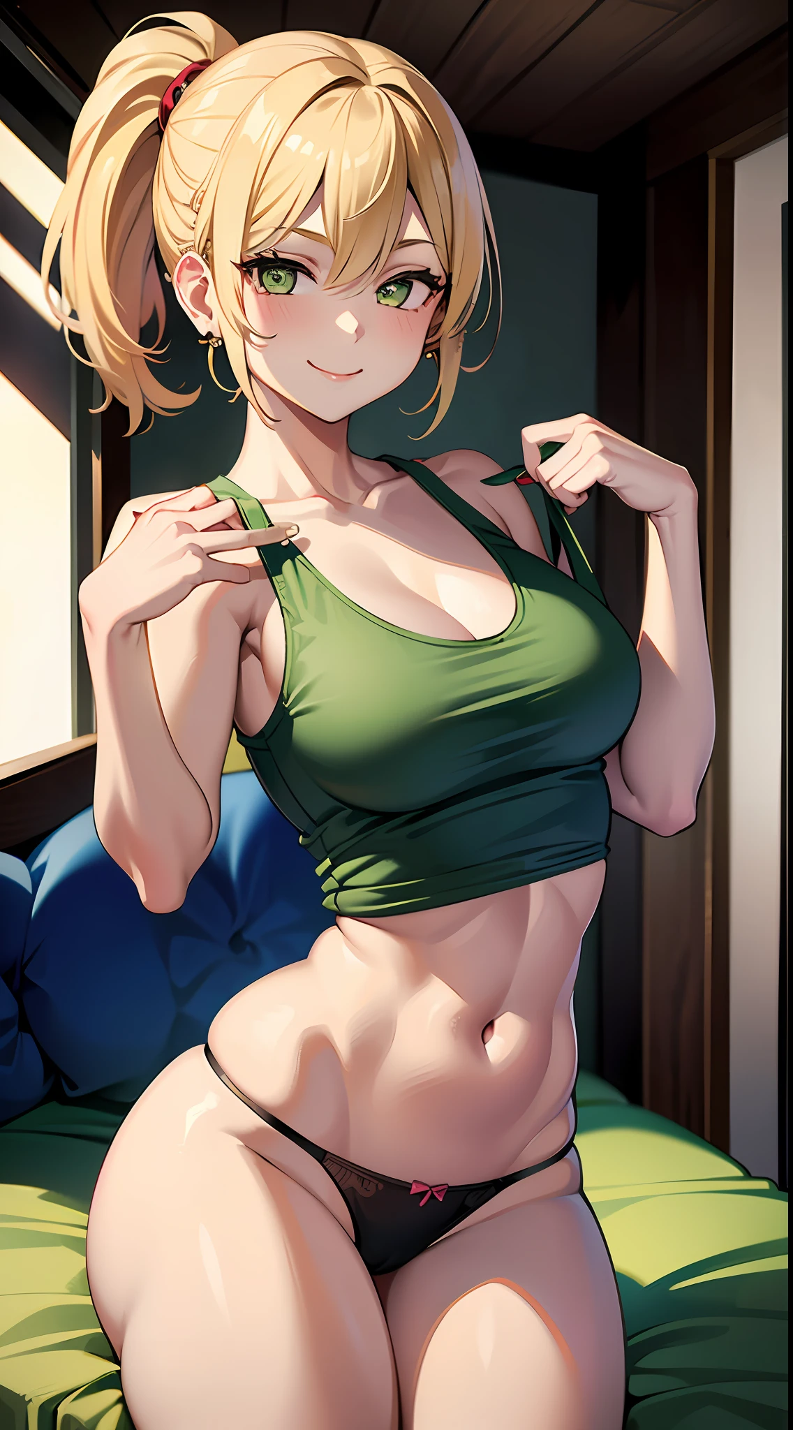 1girl, masterpiece, best quality, medium full shot, blonde ponytail, ((tanktop, panties, breasts, earrings, sexy body, thighs)), busty, smiling