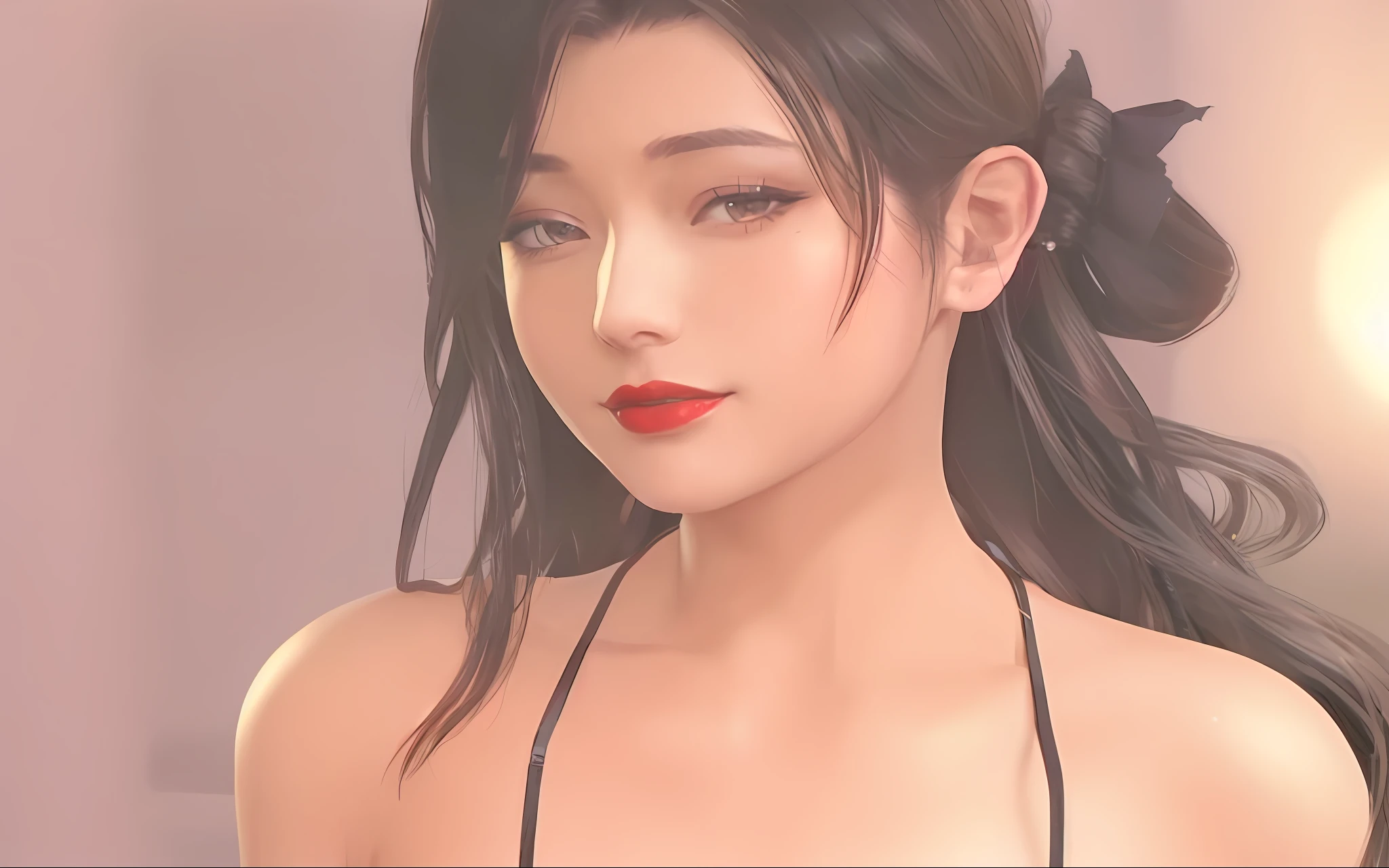 a close up of a woman with a black top and red lipstick, seductive tifa lockhart portrait, tifa, portrait of tifa lockhart, tifa lockhart portrait, tifa lockhart, glamorous tifa lockheart, tifa lockheart, mai shiranui, glamorous aerith portrait, deayami kojima, yayoi kasuma