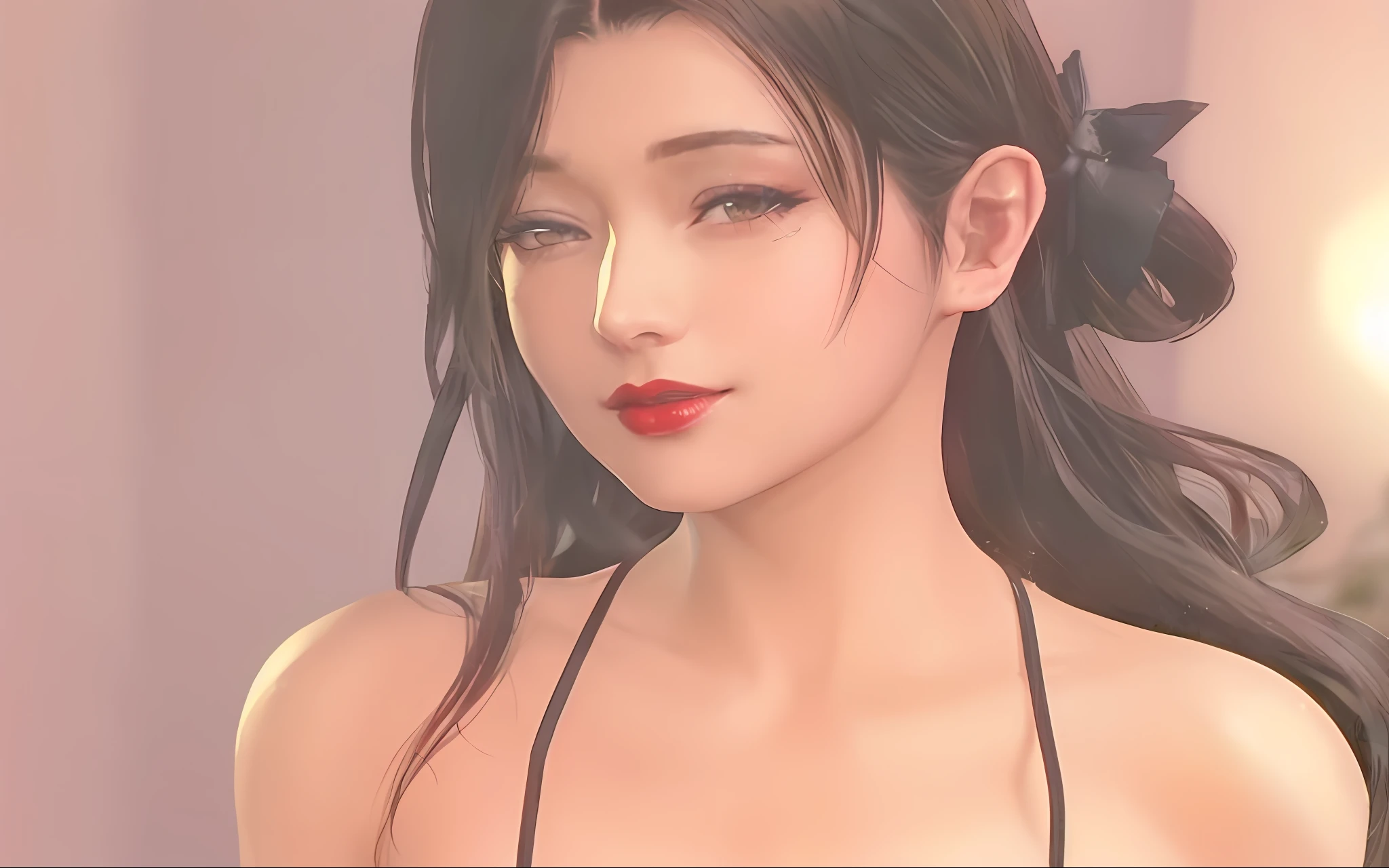a close up of a woman with a black top and red lipstick, seductive tifa lockhart portrait, tifa, portrait of tifa lockhart, tifa lockhart portrait, tifa lockhart, glamorous tifa lockheart, tifa lockheart, mai shiranui, glamorous aerith portrait, deayami kojima, yayoi kasuma