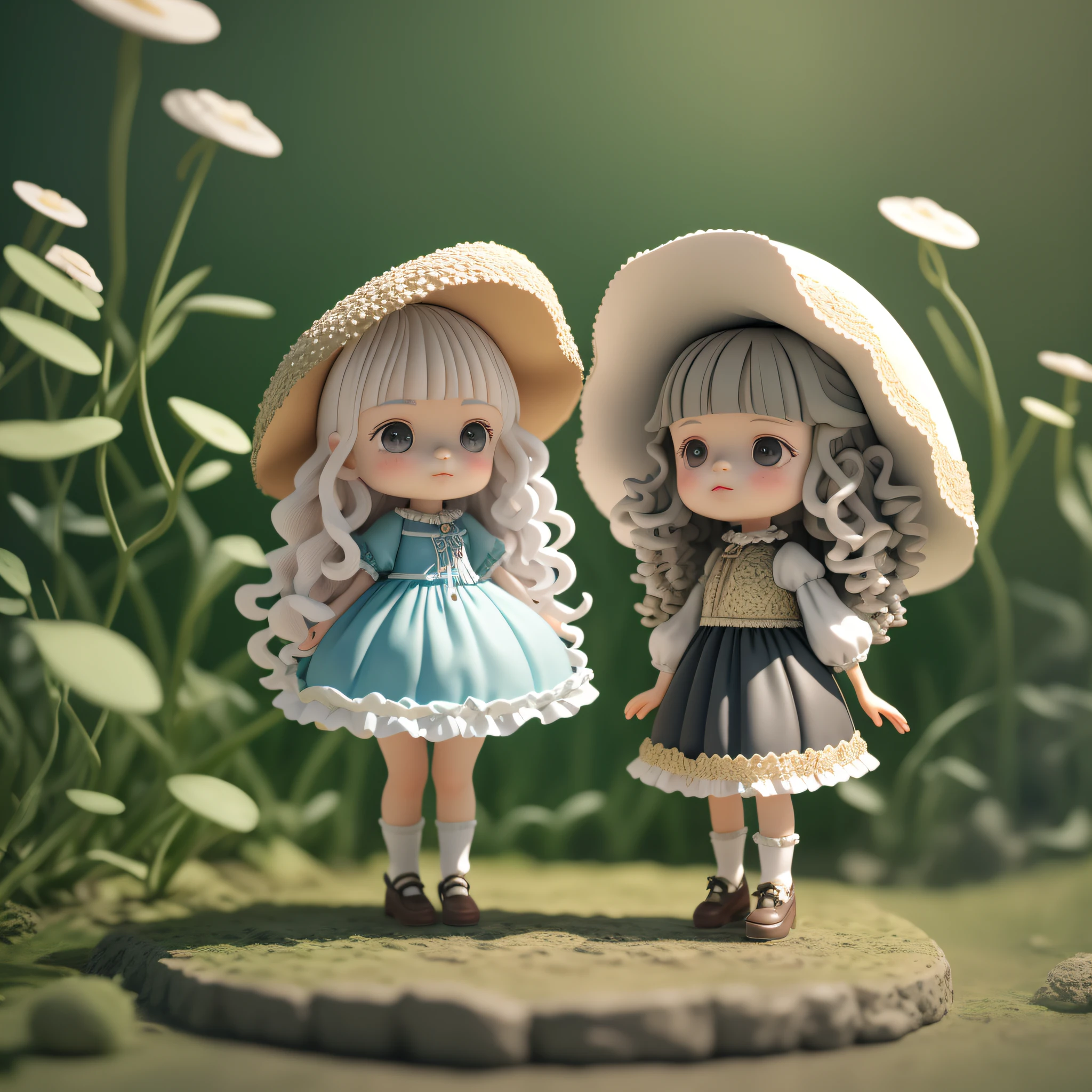Cute little girl with big watery eyes, full body, delicate shoes, delicate hair, mushroom, small mushroom decoration, long black curly hair, intricate clothes, popmart blind box, clay texture, clean background, natural light, best quality, ultra detail, 3d art, c4d, blender, oc renderer, 3d render, 8k