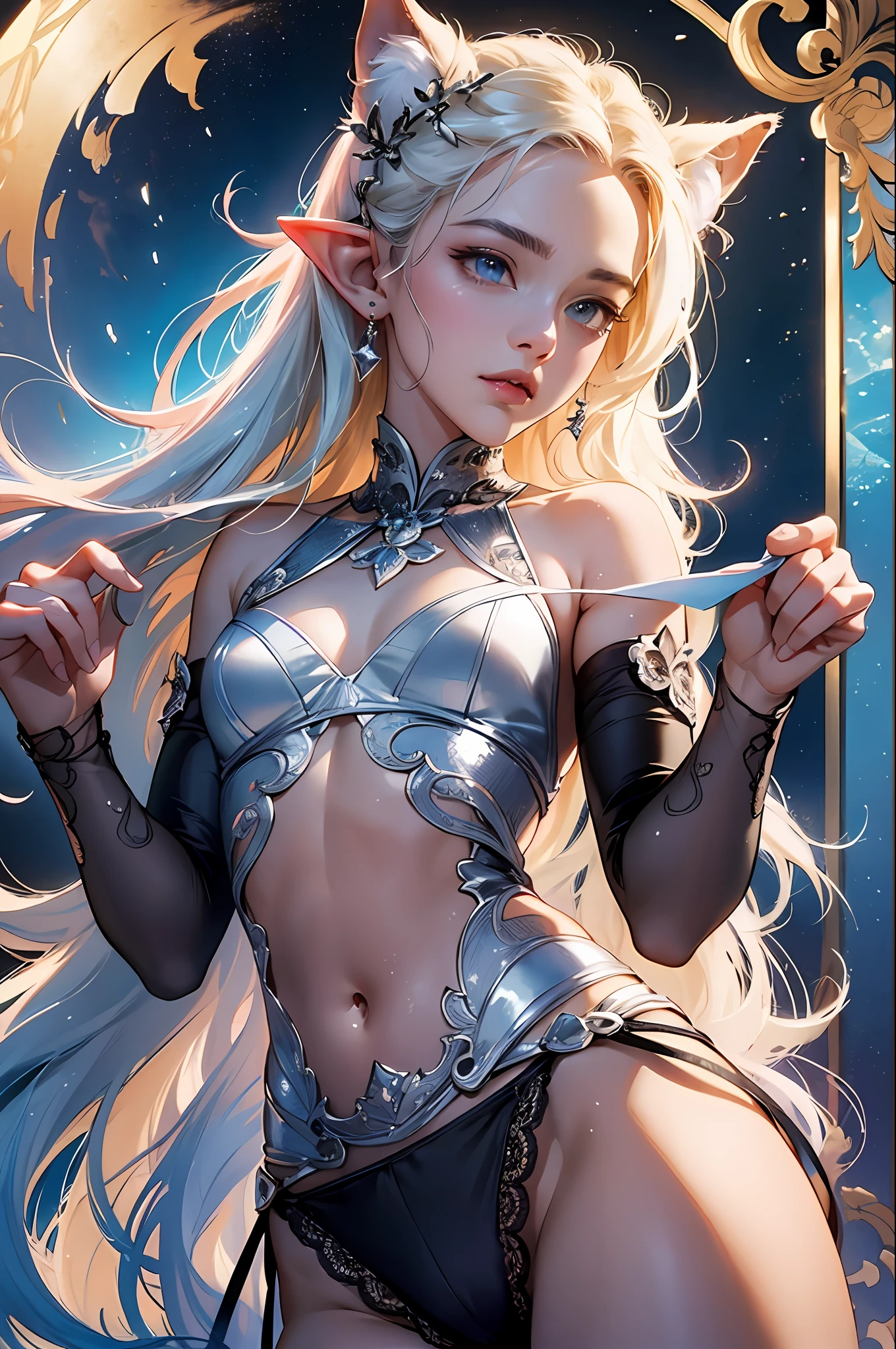 (8k image, RAW:1.2),Best quality, Ultra high resolution,Stunning angles,(Splash of swaying detail), (Illustration),1 man, slim waist, petite, affectionate man, smooth white skin, long wavy hair, gorgeous face, elf ears, sparkling eyes, underwear, (thin fabric), (wet), (beautifully detailed sky), moon, high level, detail, (masterpiece, best quality, extreme detail CG Unity wallpaper 8k, masterpiece, best quality, special details),