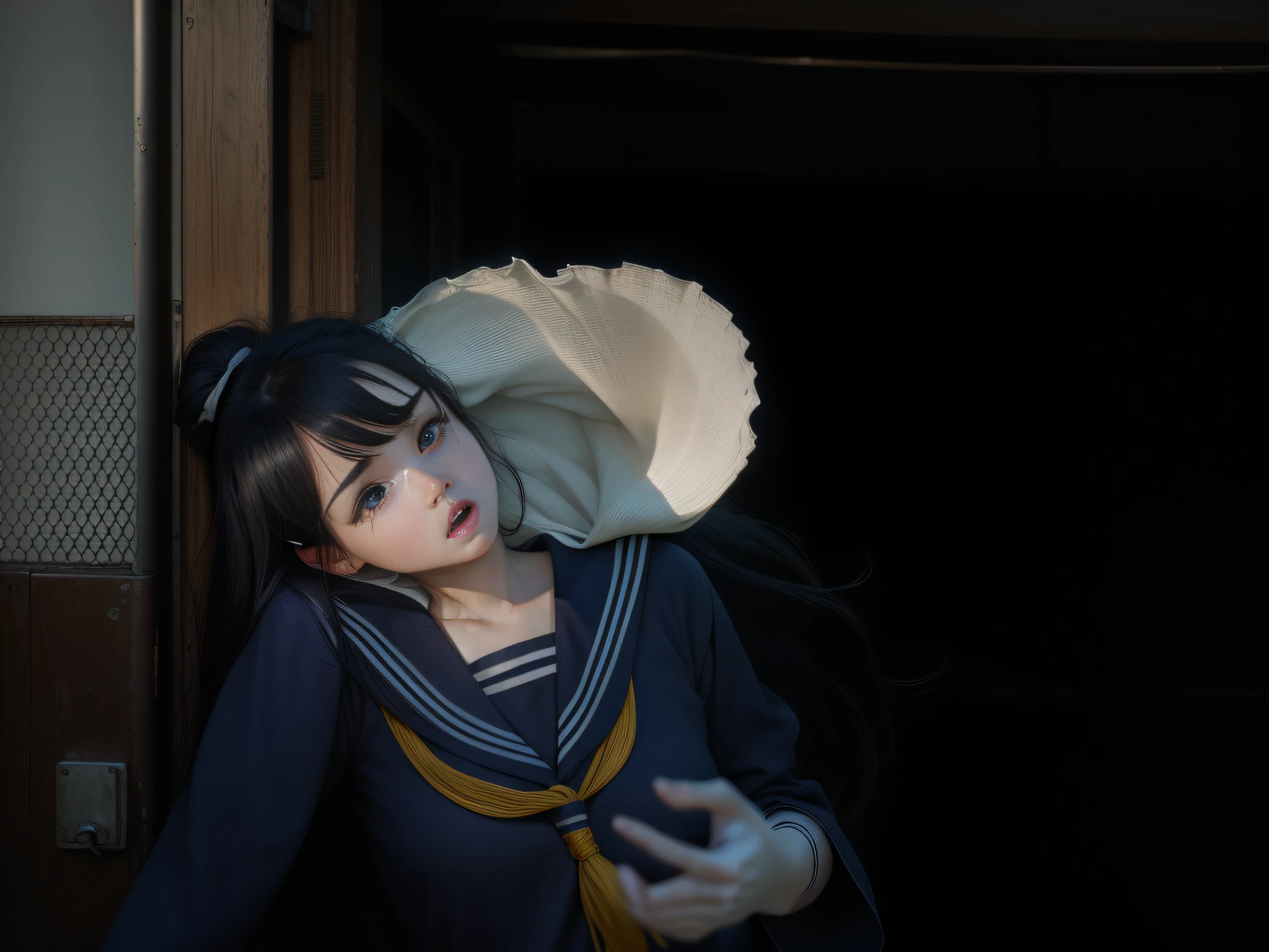 (Painful Face, Crying Face)), (16 years old, Face Hardened with Fear))(8K, Best Quality, Masterpiece: 1.2), (Very surprised expression, Eyes wide open in surprise, Black Eyes, Very Frightened), (Realistic, Photorealistic: 1.37), Ultra detail, Top quality, Ultra High Resolution, Professional Lighting, Photon Mapping, Radiosity, Physically Based Rendering, Movie Lighting, sailor uniform, depth of field, focusing, sun's rays, good composition, one girl, (full body), (beautiful Japan woman), beautiful eyes, pose, constriction, whitening skin, black hair, empty hair, long hair fluttering in the wind,